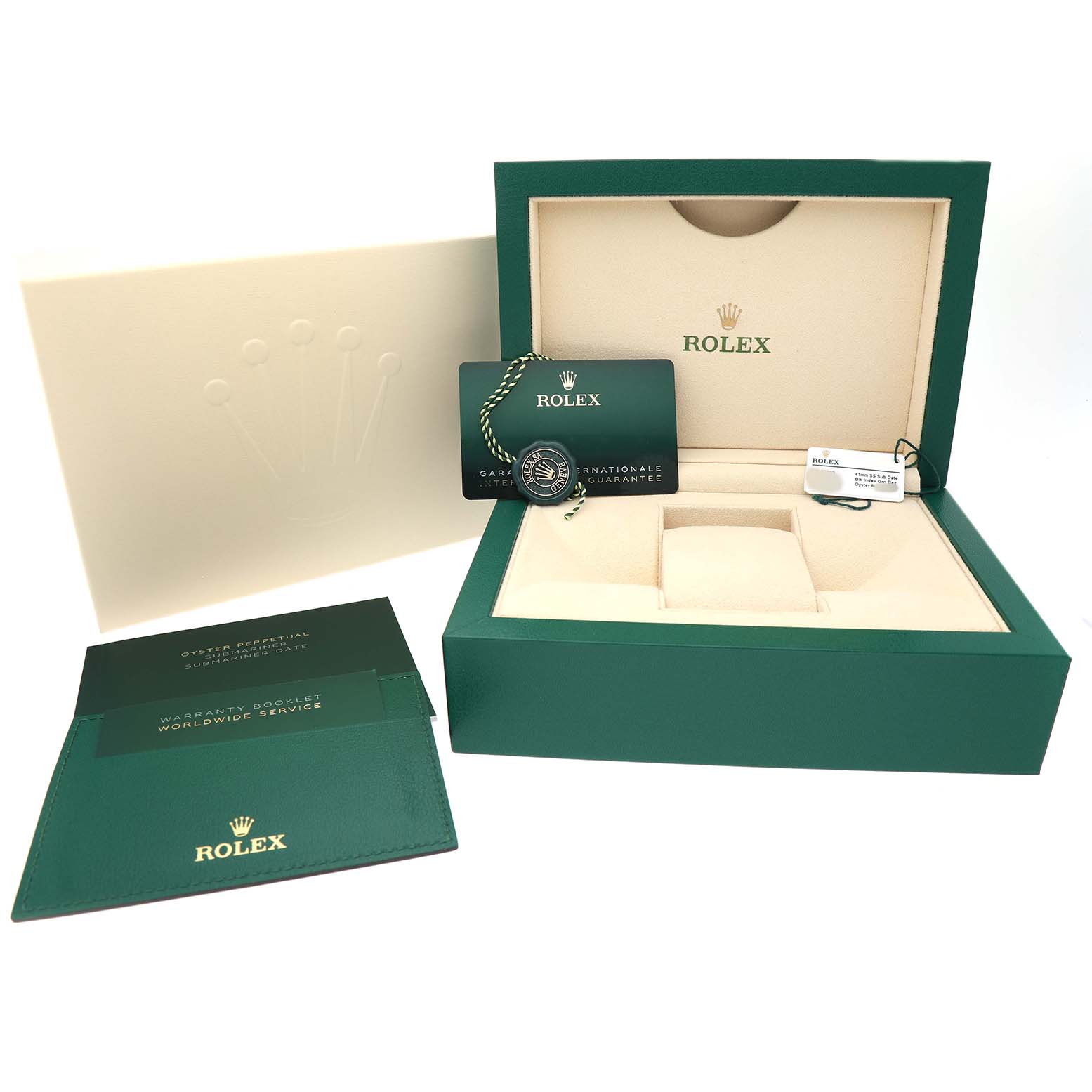 The image shows the packaging and accessories of a Rolex Submariner 126610LV Men's Stainless Steel Black Dial, including the box, warranty card, and booklet.
