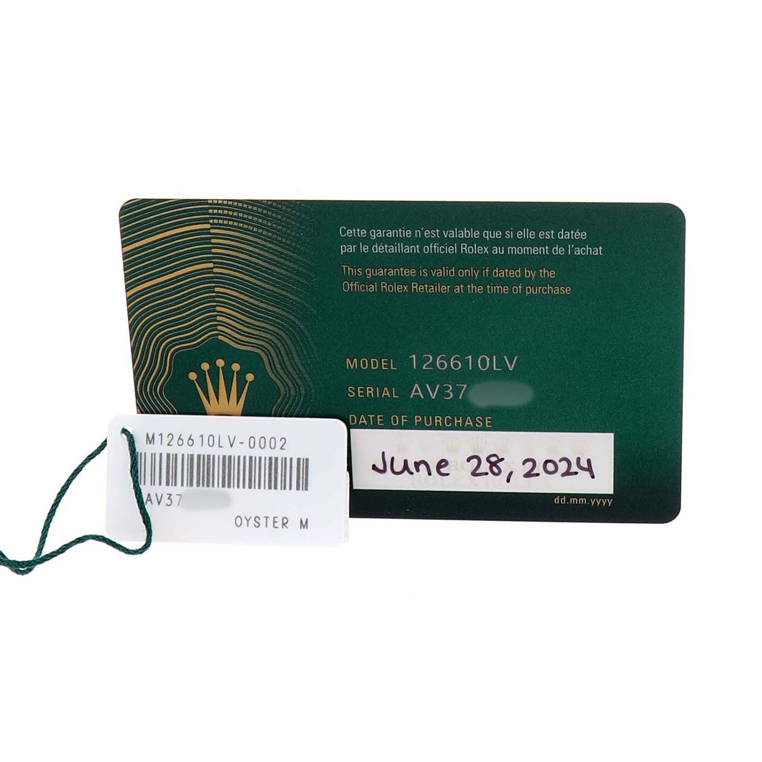 The image shows a Rolex Submariner 126610LV Men's Stainless Steel Black Dial 126610LV warranty card and tag, including model, serial number, and purchase date.