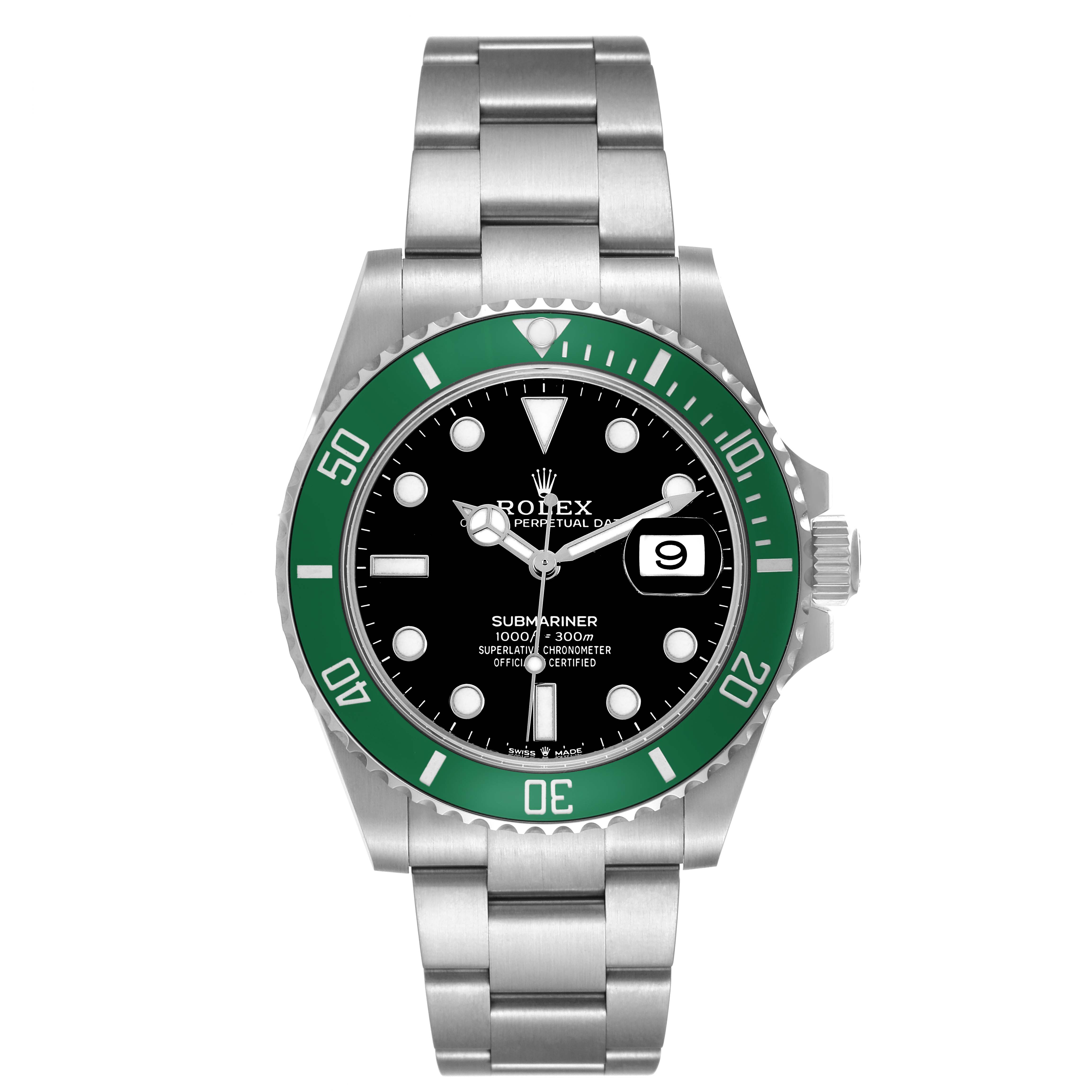 The Rolex Submariner 126610LV Men's Stainless Steel Black Dial watch is shown from the front, displaying the bezel, dial, hands, and bracelet.