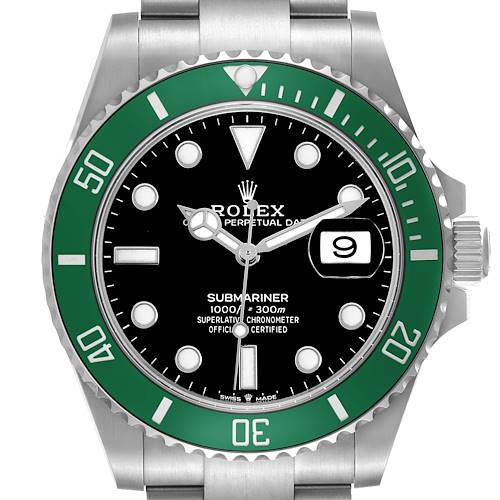 The Rolex Submariner 126610LV Men's Stainless Steel Black Dial watch image shows a front view, highlighting the green bezel, black dial, and date display.