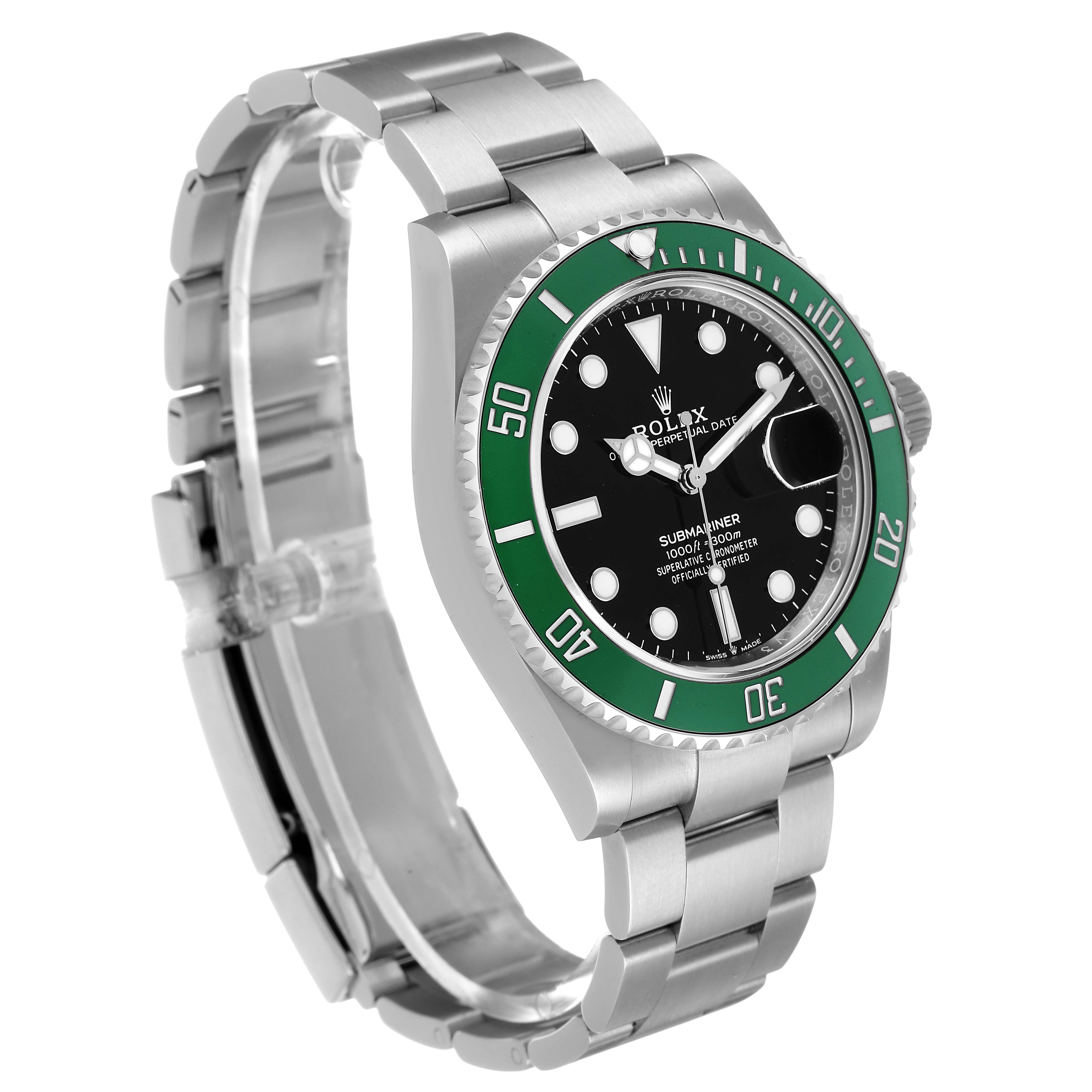 The Rolex Submariner 126610LV Men's Stainless Steel Black Dial is shown from a three-quarter view, displaying the dial, bezel, bracelet, and side profile.
