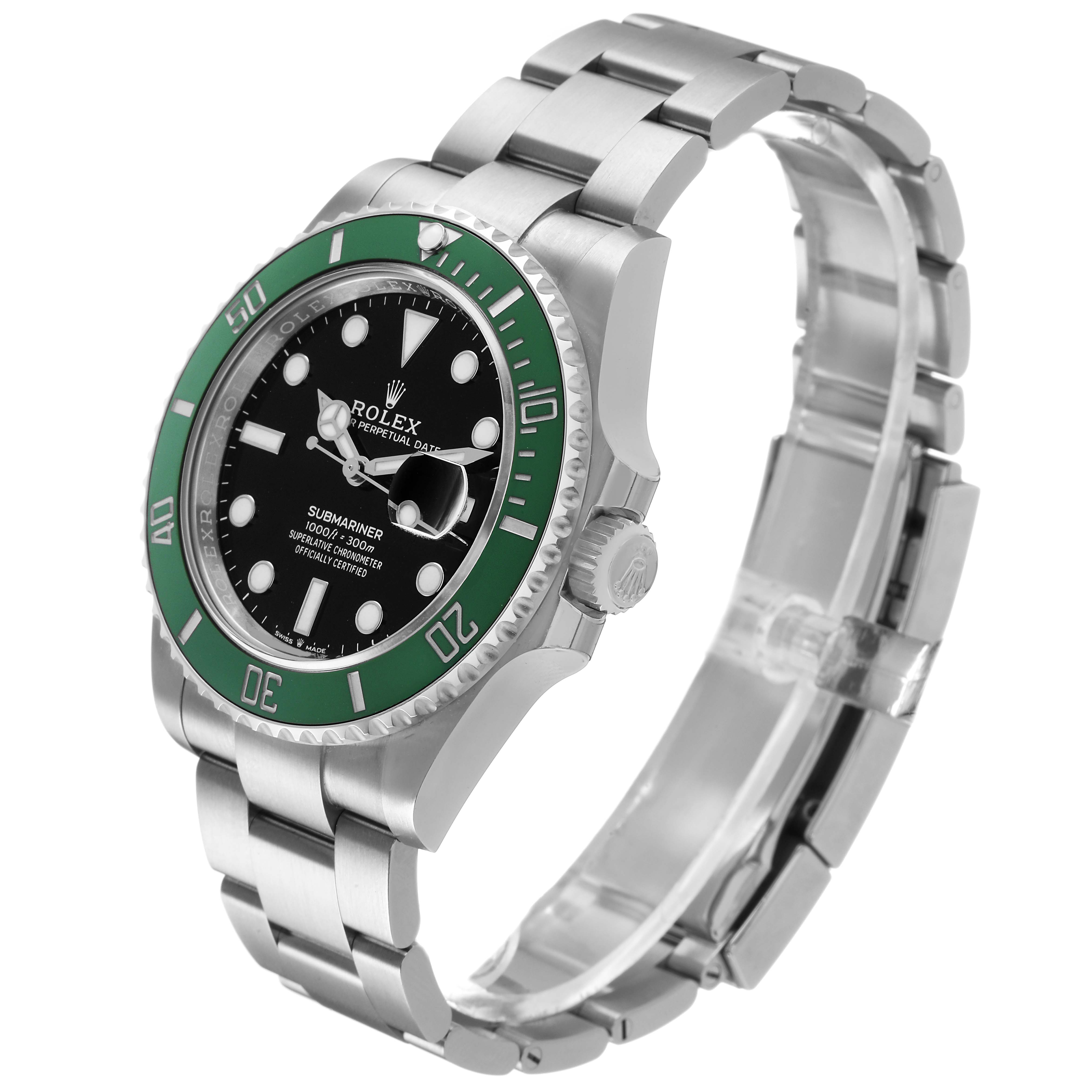 The Rolex Submariner 126610LV Men's Stainless Steel Black Dial watch is shown from a three-quarter angle, highlighting the face, bezel, and bracelet.