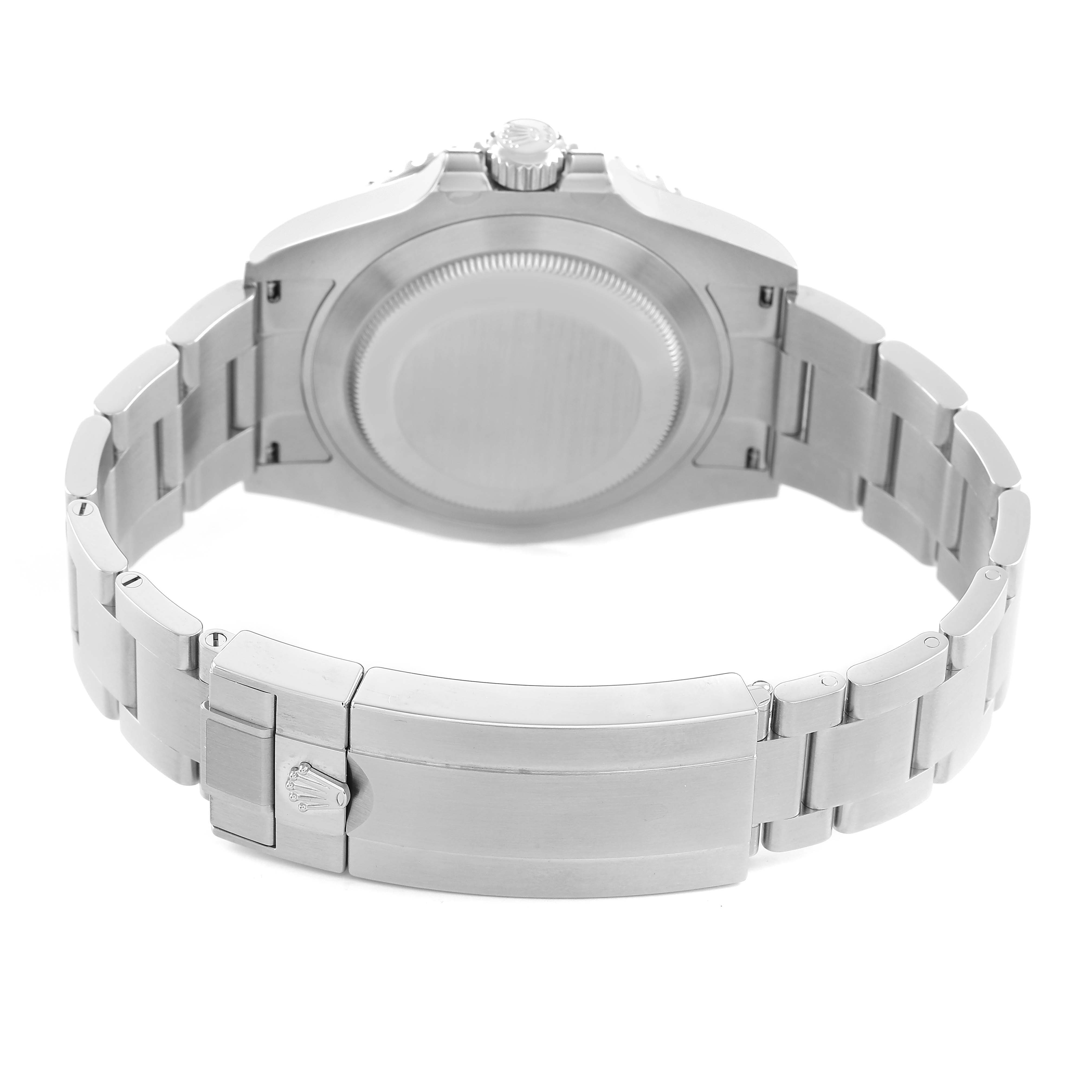 The image shows the back case and bracelet clasp of a Rolex Submariner 126610LV Men's Stainless Steel Black Dial watch from a rear angle.