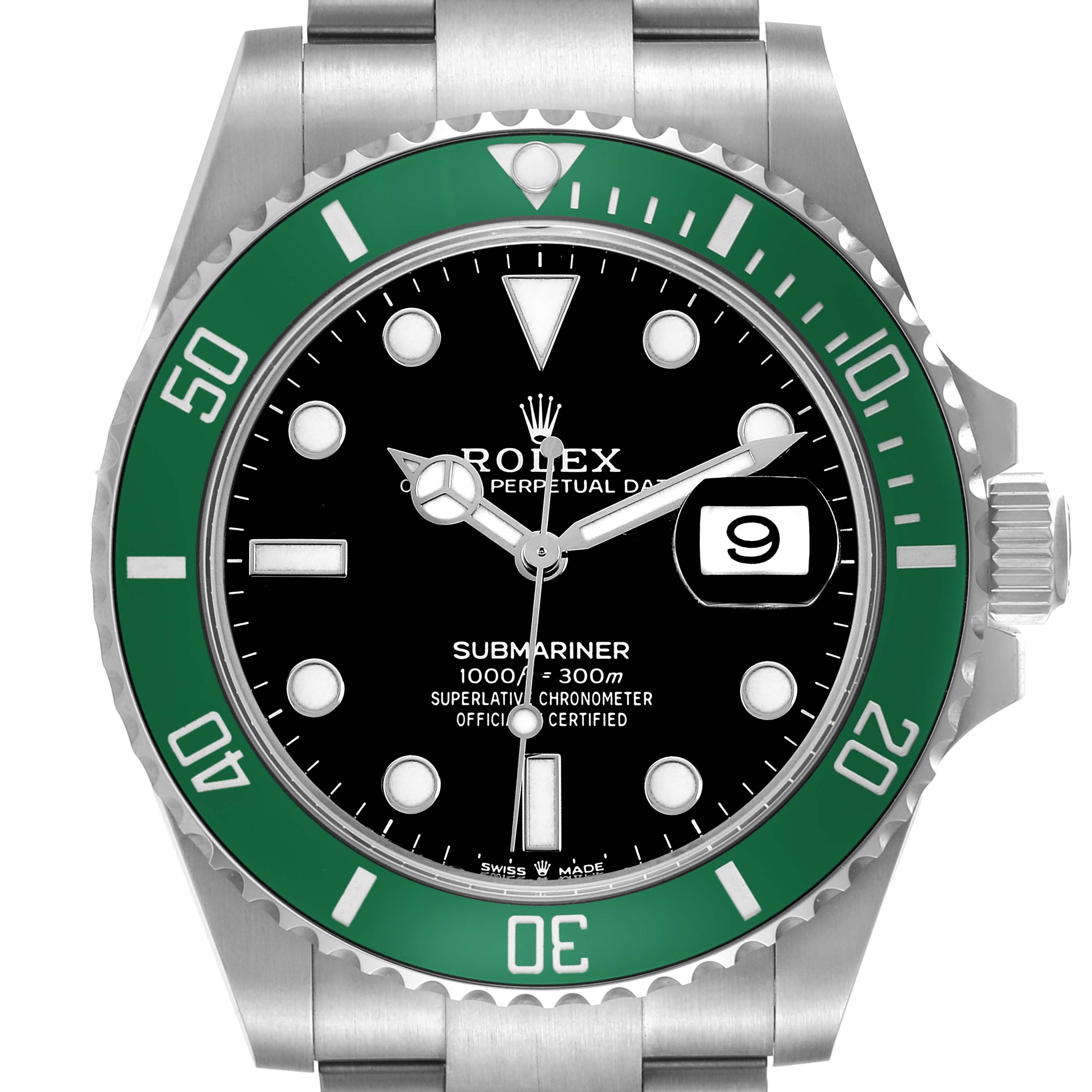 The Rolex Submariner 126610LV Men's Stainless Steel Black Dial watch is shown from the front, highlighting its green bezel, black dial, and date display.