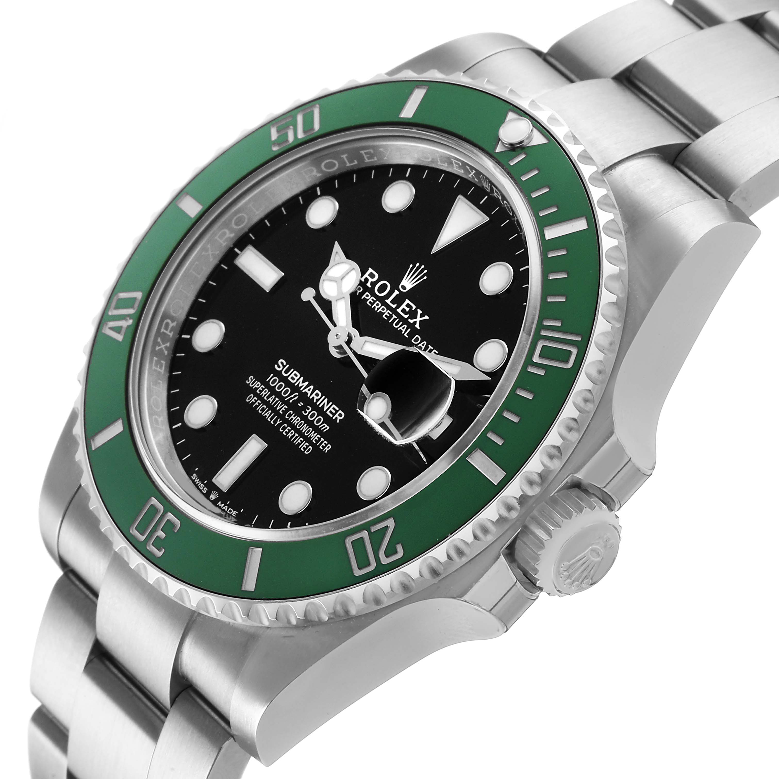 The image shows a Rolex Submariner 126610LV Men's Stainless Steel Black Dial from a side angle, highlighting the green bezel, black dial, and crown on the bracelet.