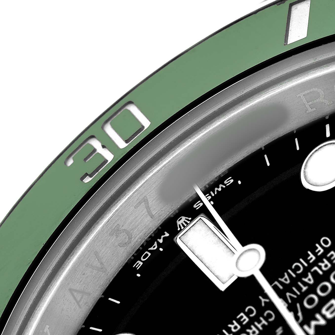 The image shows a close-up angle of the Rolex Submariner 126610LV Men's Stainless Steel Black Dial's bezel with the "30" marker and part of the dial.