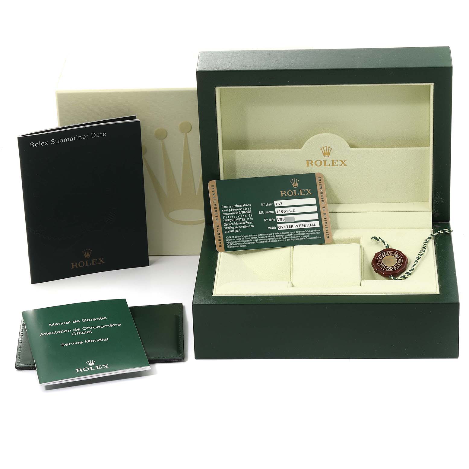 The image shows a Rolex Submariner 116613 Men's Steel and Gold (two tone) Black Dial 116613 Men's Steel and Gold (two tone) Black Dial model packaging including the watch box, warranty booklets, manual, and certification card.