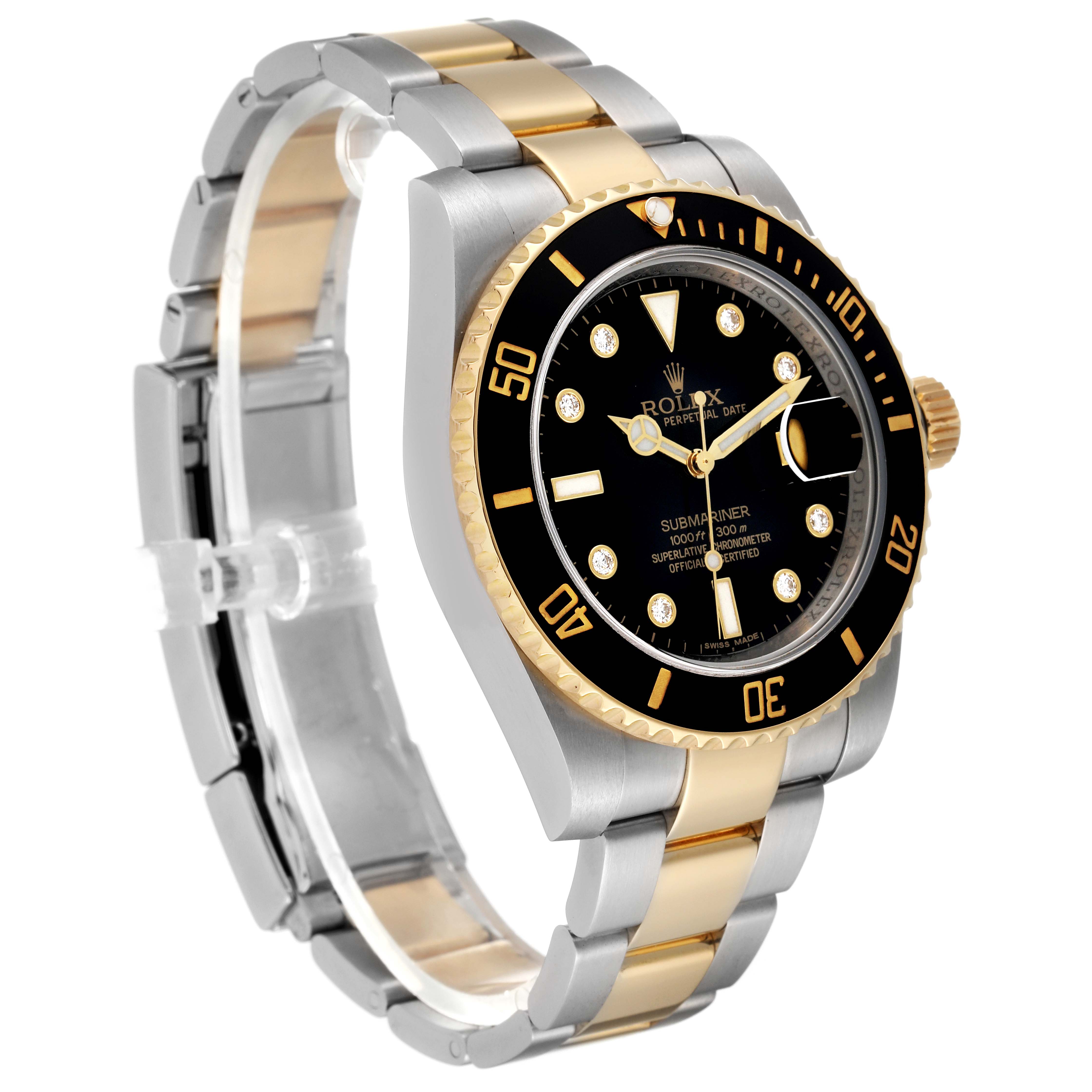 This image shows a Rolex Submariner 116613 Men's Steel and Gold (two tone) Black Dial 116613 Men's Steel and Gold (two tone) Black Dial watch with a gold and silver bracelet, bezel, and black dial, angled from the front-left side.