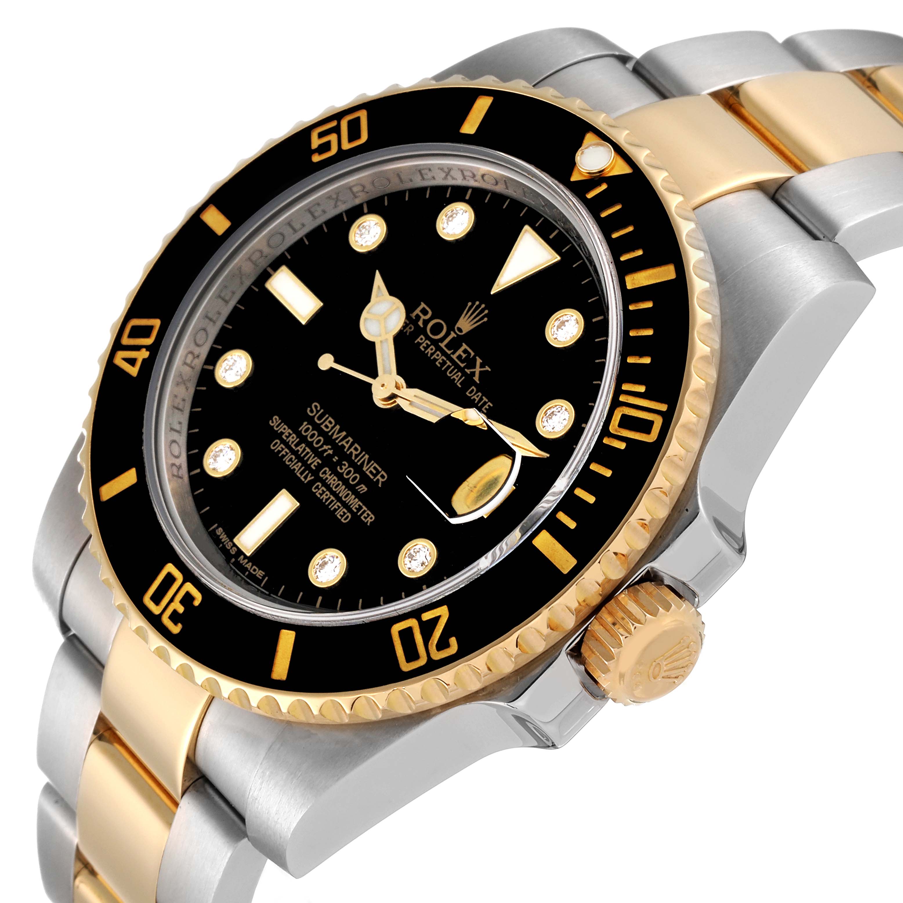 The image shows a close-up angled view of a Rolex Submariner 116613 Men's Steel and Gold (two tone) Black Dial 116613 Men's Steel and Gold (two tone) Black Dial watch, highlighting the black dial, gold bezel, and two-tone bracelet.
