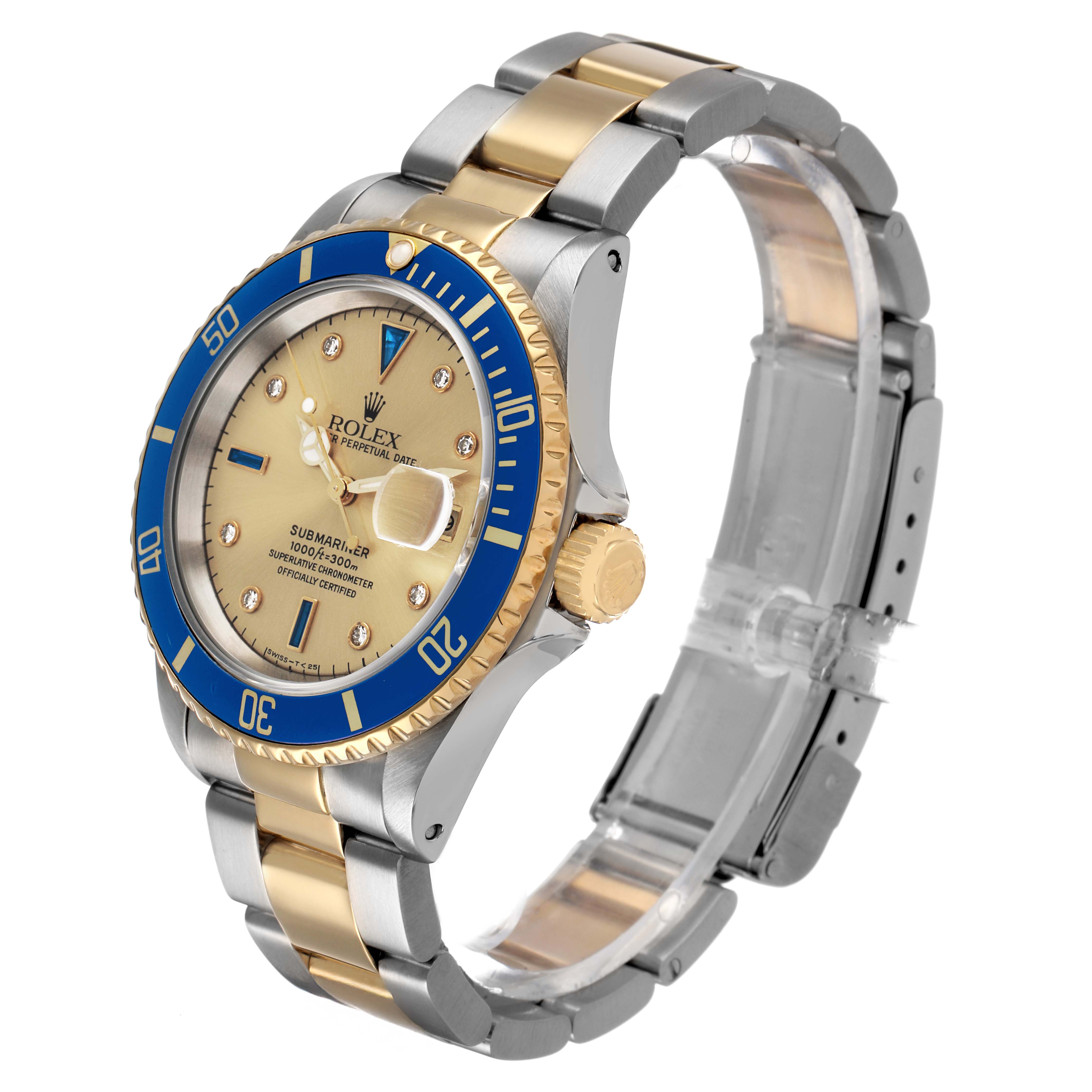 The Rolex Submariner 16613 Men's Steel and Gold (two tone) Champagne Dial watch is shown at a three-quarter angle, highlighting its bezel, dial, case, and bracelet.