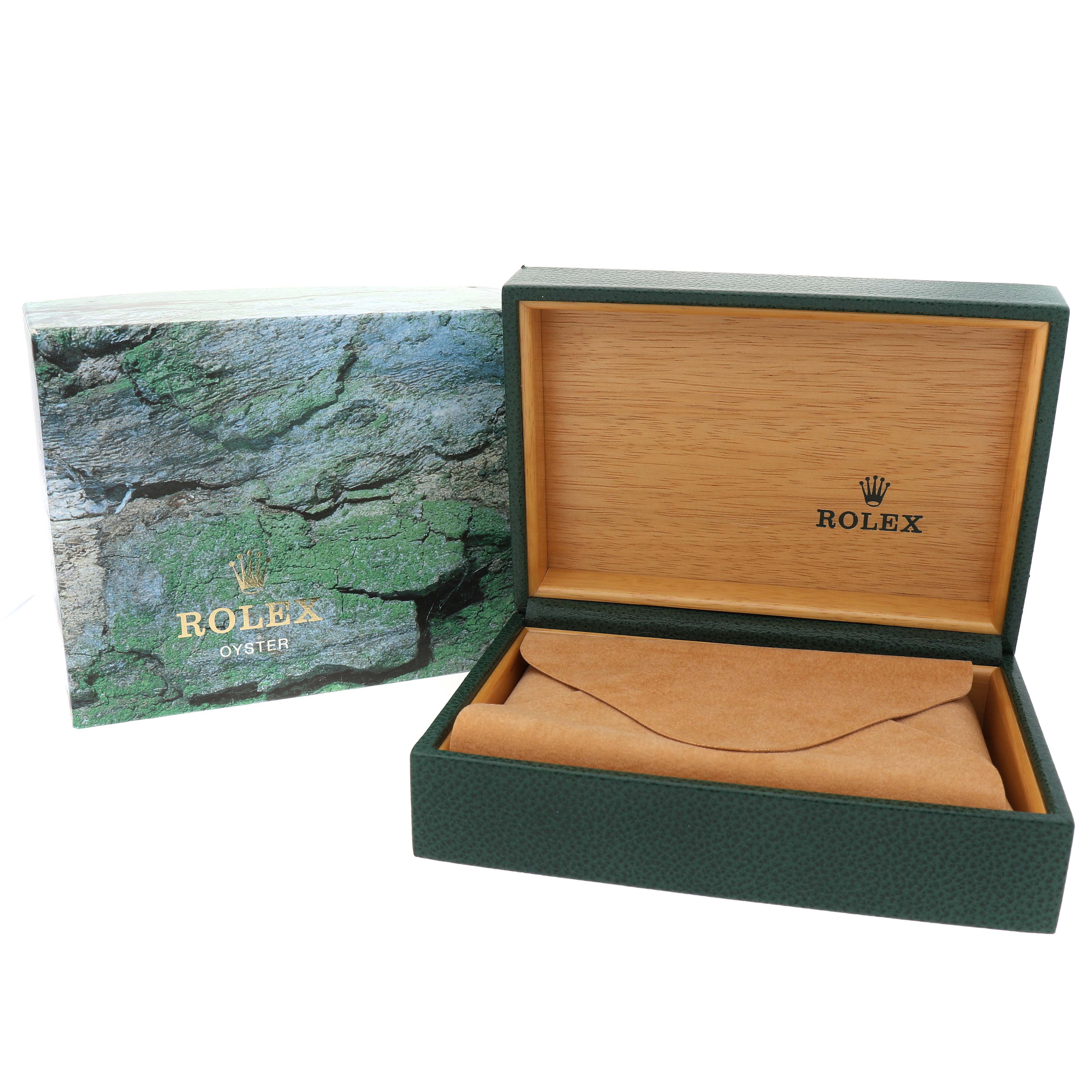 The image shows the open box and booklet of a Rolex Submariner 16613 Men's Steel and Gold (two tone) Champagne Dial, displaying the interior and exterior packaging.