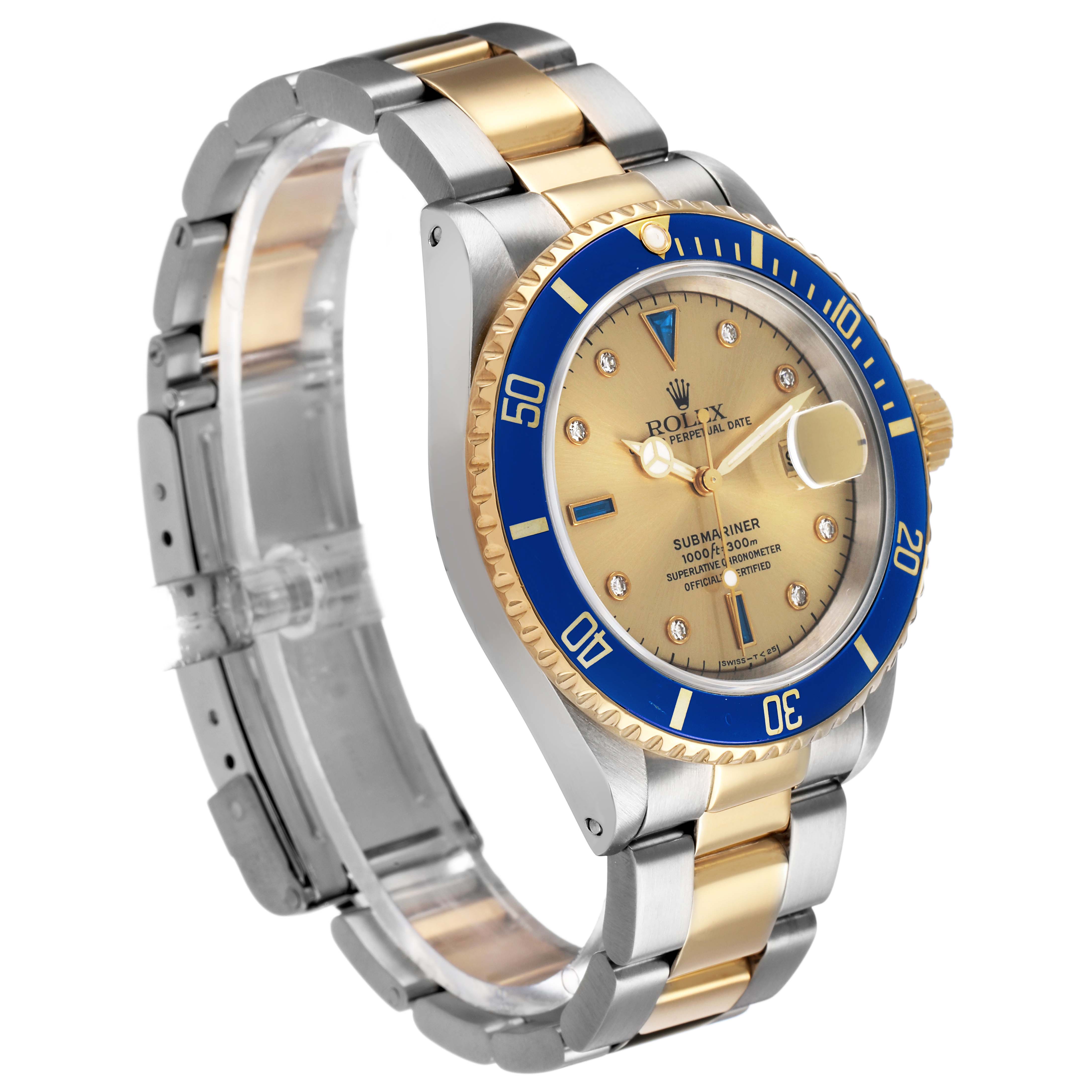 The Rolex Submariner 16613 Men's Steel and Gold (two tone) Champagne Dial watch is shown at a three-quarter angle, highlighting the bracelet, bezel, dial, and crown.