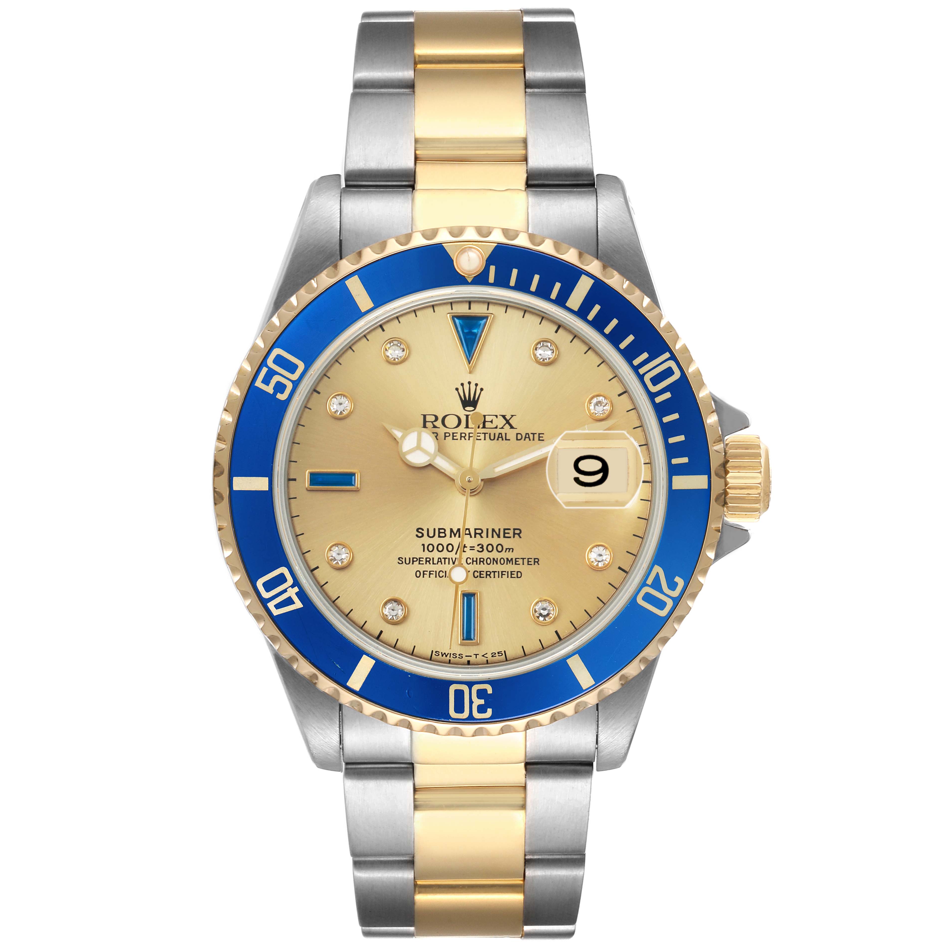 The Rolex Submariner 16613 Men's Steel and Gold (two tone) Champagne Dial watch is shown from a front angle, displaying the face, bezel, crown, and bracelet.