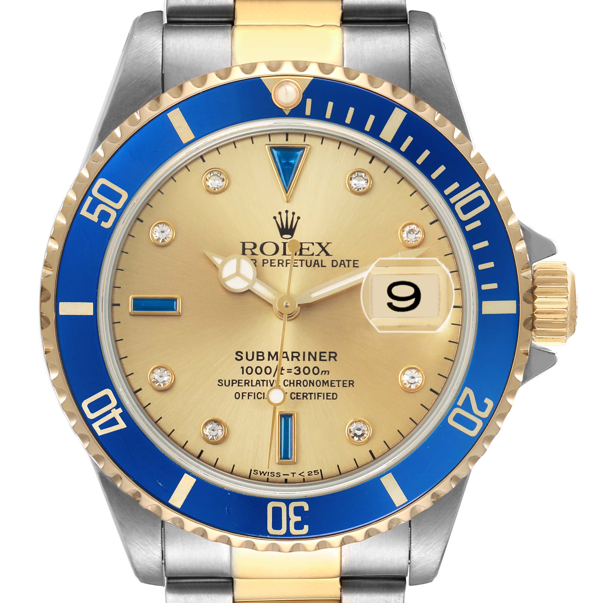 The Rolex Submariner 16613 Men's Steel and Gold (two tone) Champagne Dial watch is shown from the front, highlighting the dial, bezel, and part of the bracelet.