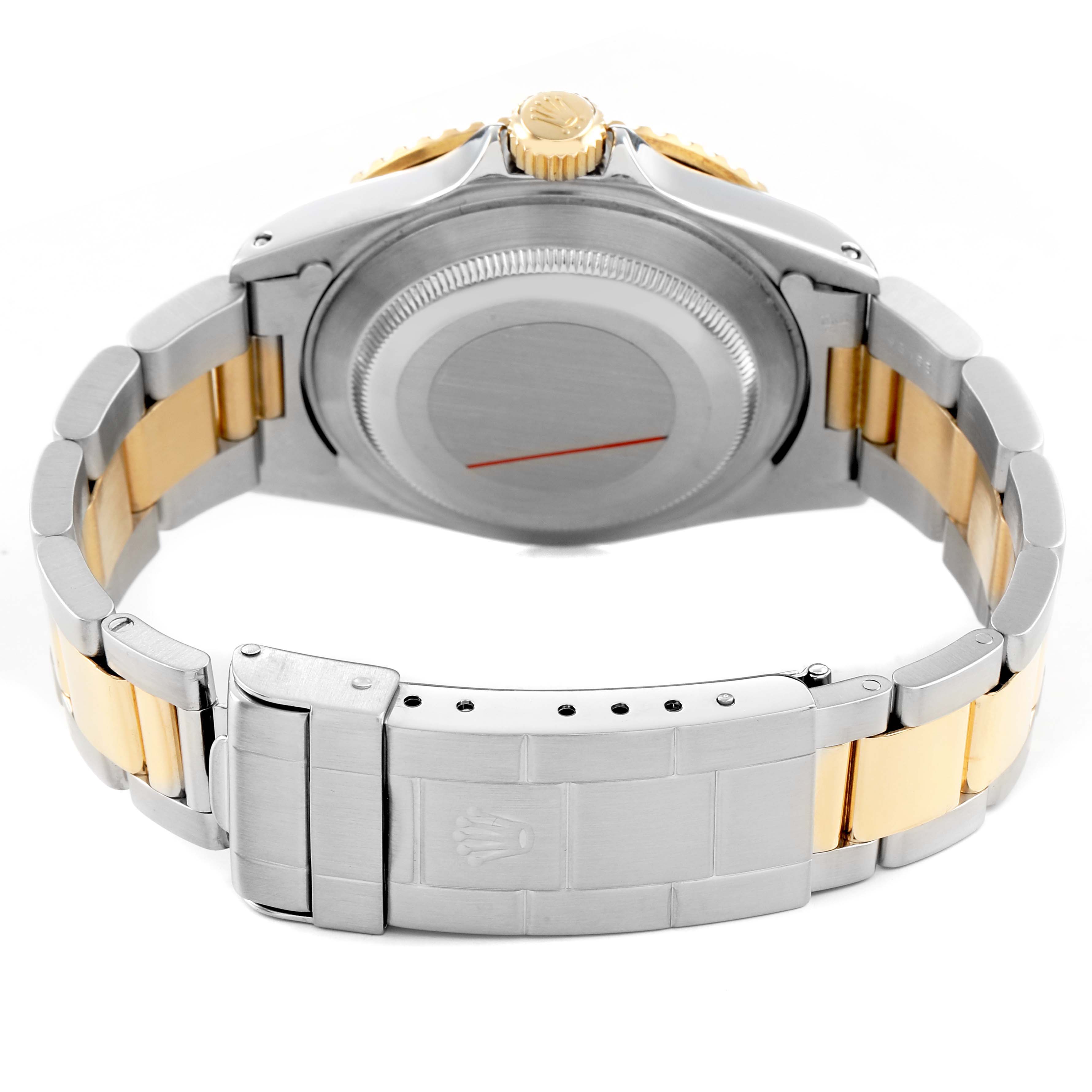 The image shows the back of the Rolex Submariner 16613 Men's Steel and Gold (two tone) Champagne Dial, highlighting its bracelet and clasp.