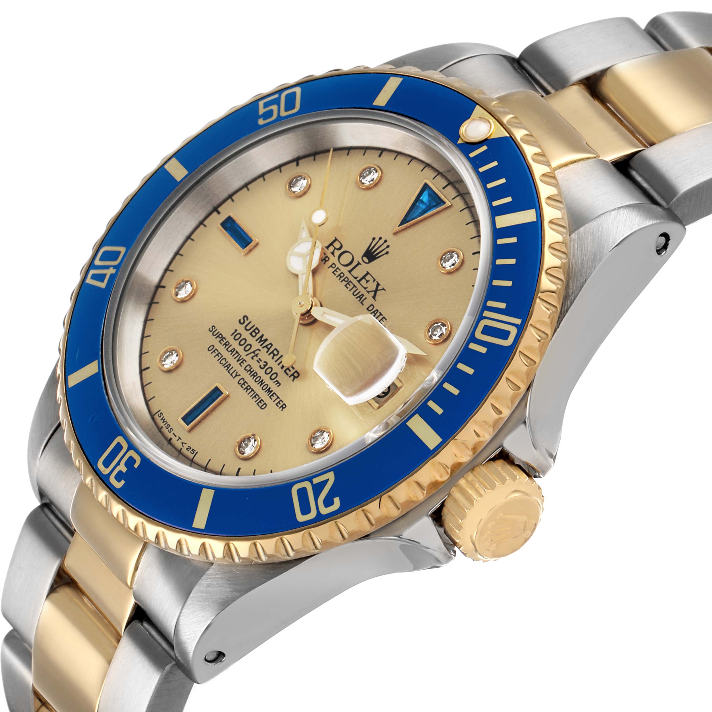 The Rolex Submariner 16613 Men's Steel and Gold (two tone) Champagne Dial watch is shown at an angled side view, featuring its blue bezel, gold case, and two-tone bracelet.