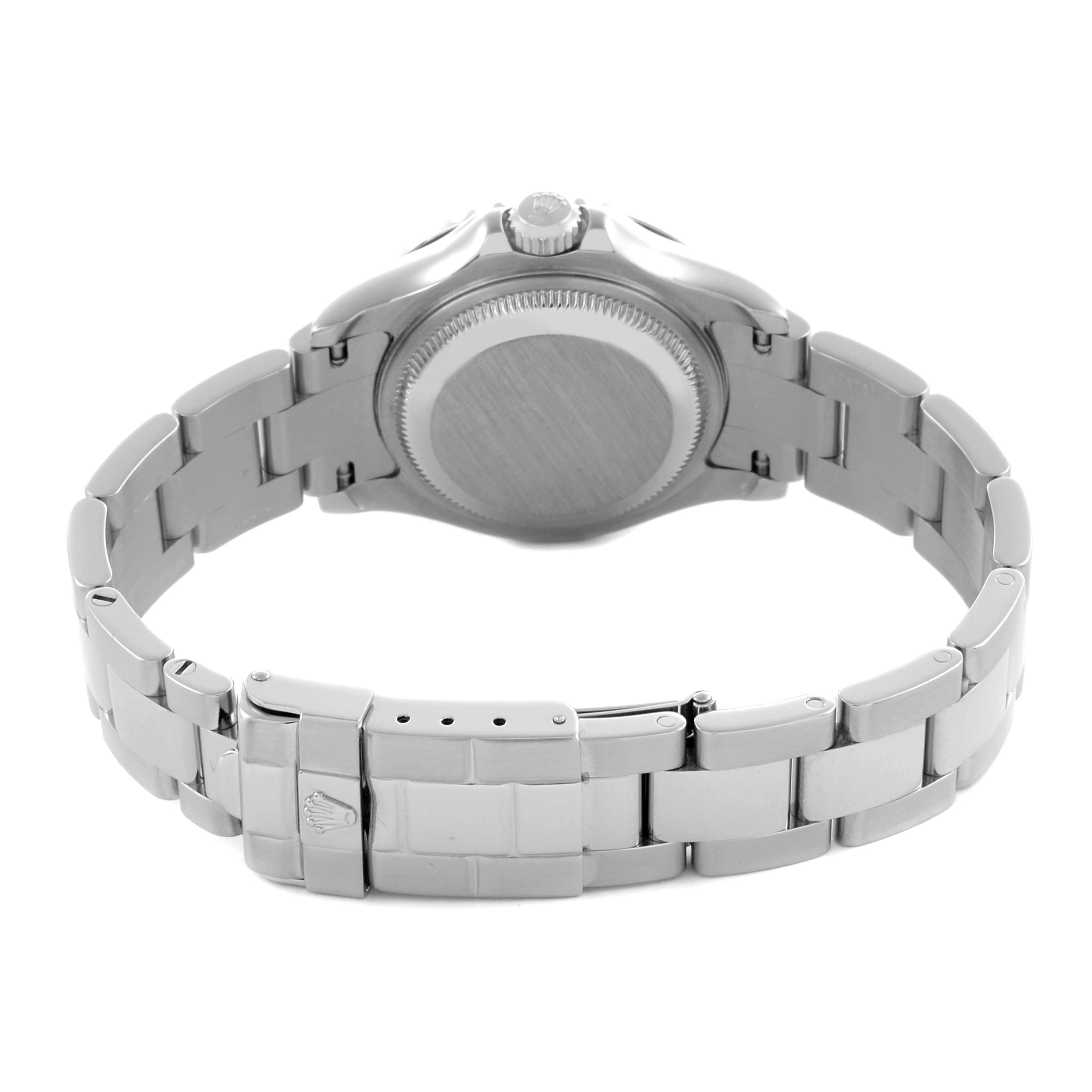 The Rolex Yacht-Master 169622 Women's Stainless Steel Grey Dial 169622 Women's Stainless Steel Grey Dial watch is shown from the back, highlighting the case back, bracelet, and clasp.