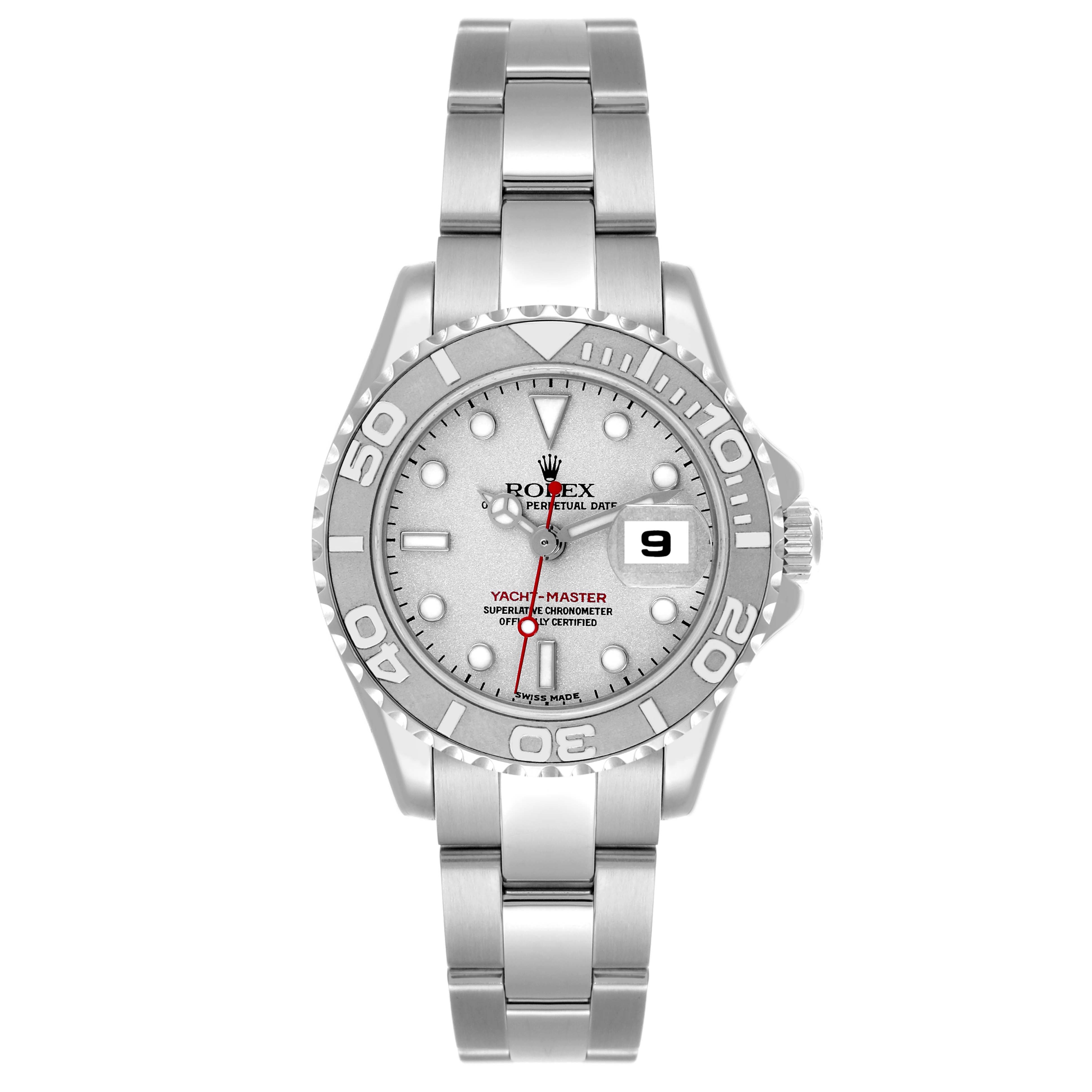 The Rolex Yacht-Master 169622 Women's Stainless Steel Grey Dial 169622 Women's Stainless Steel Grey Dial watch is shown from a front angle, displaying its face, bezel, bracelet, and crown.