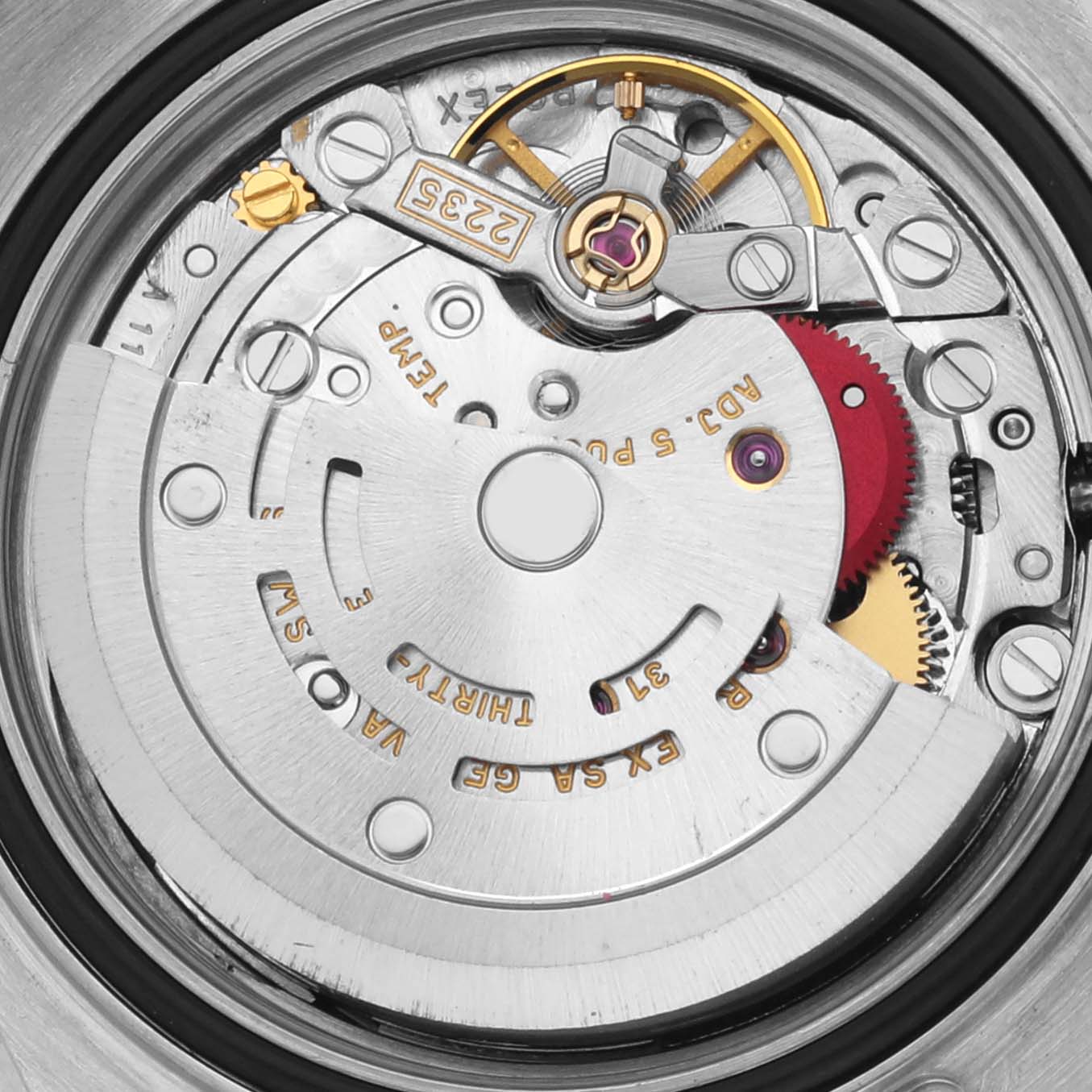 The Rolex Yacht-Master 169622 Women's Stainless Steel Grey Dial 169622 Women's Stainless Steel Grey Dial watch image shows a close-up of its intricate movement parts from a top-down angle.