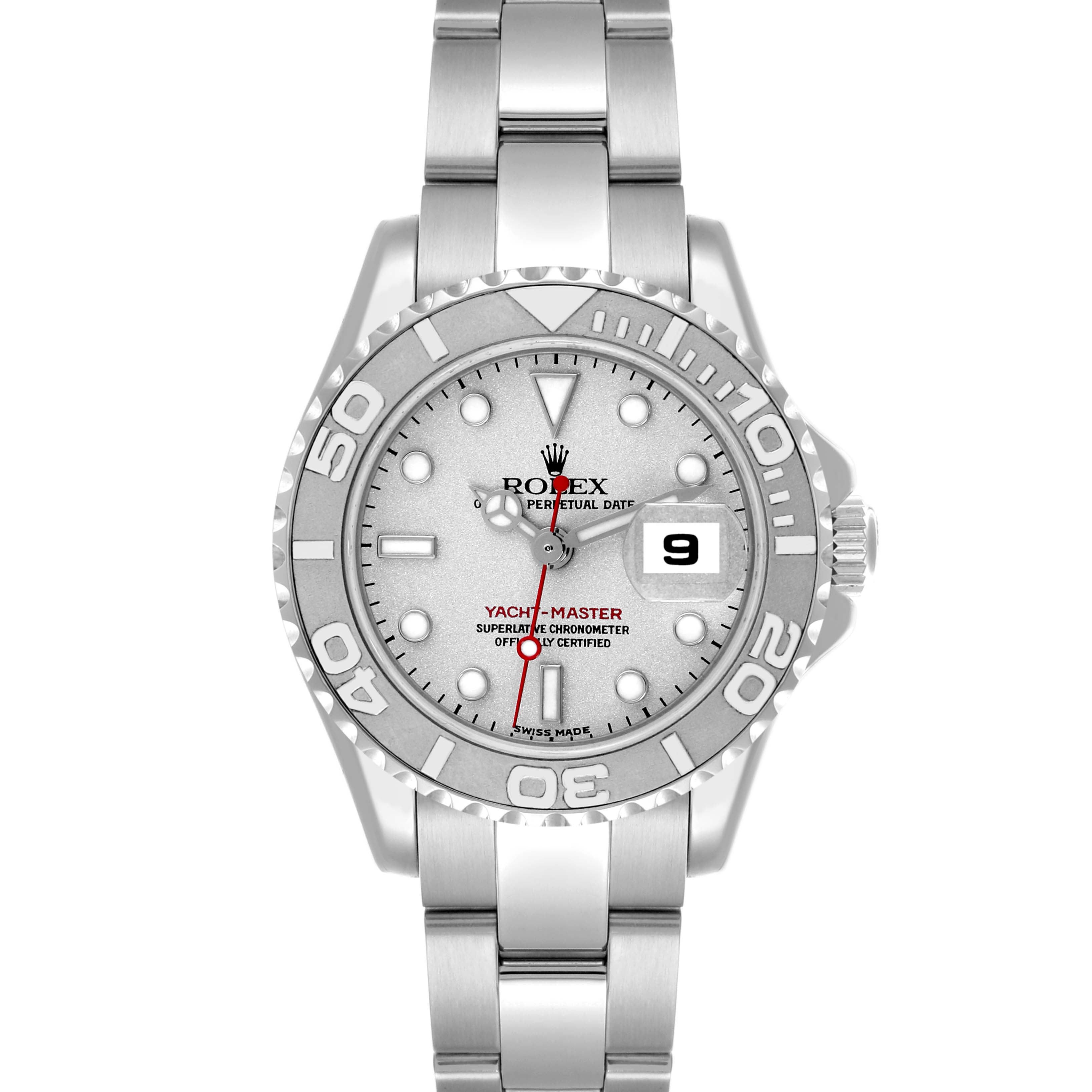 The image shows a front view of the Rolex Yacht-Master 169622 Women's Stainless Steel Grey Dial 169622 Women's Stainless Steel Grey Dial watch, highlighting its dial, bezel, and bracelet.
