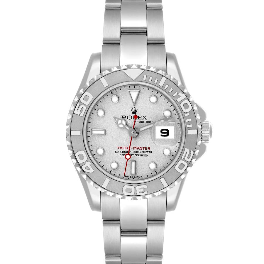 The image shows a front view of the Rolex Yacht-Master watch, highlighting its dial, bezel, and bracelet.