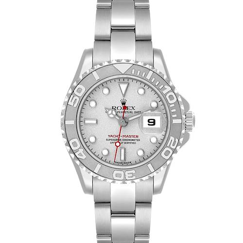 The Rolex Yacht-Master watch is shown from a front angle, displaying the dial, bezel, date window, and bracelet.