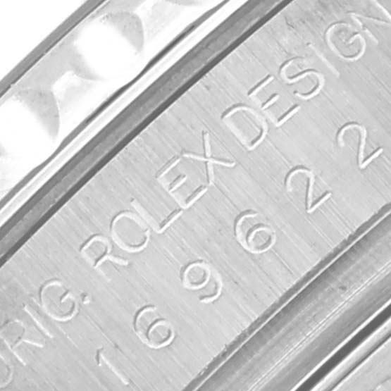 The image shows the side of a Rolex Yacht-Master 169622 Women's Stainless Steel Grey Dial 169622 Women's Stainless Steel Grey Dial watch's case with engraved model information.