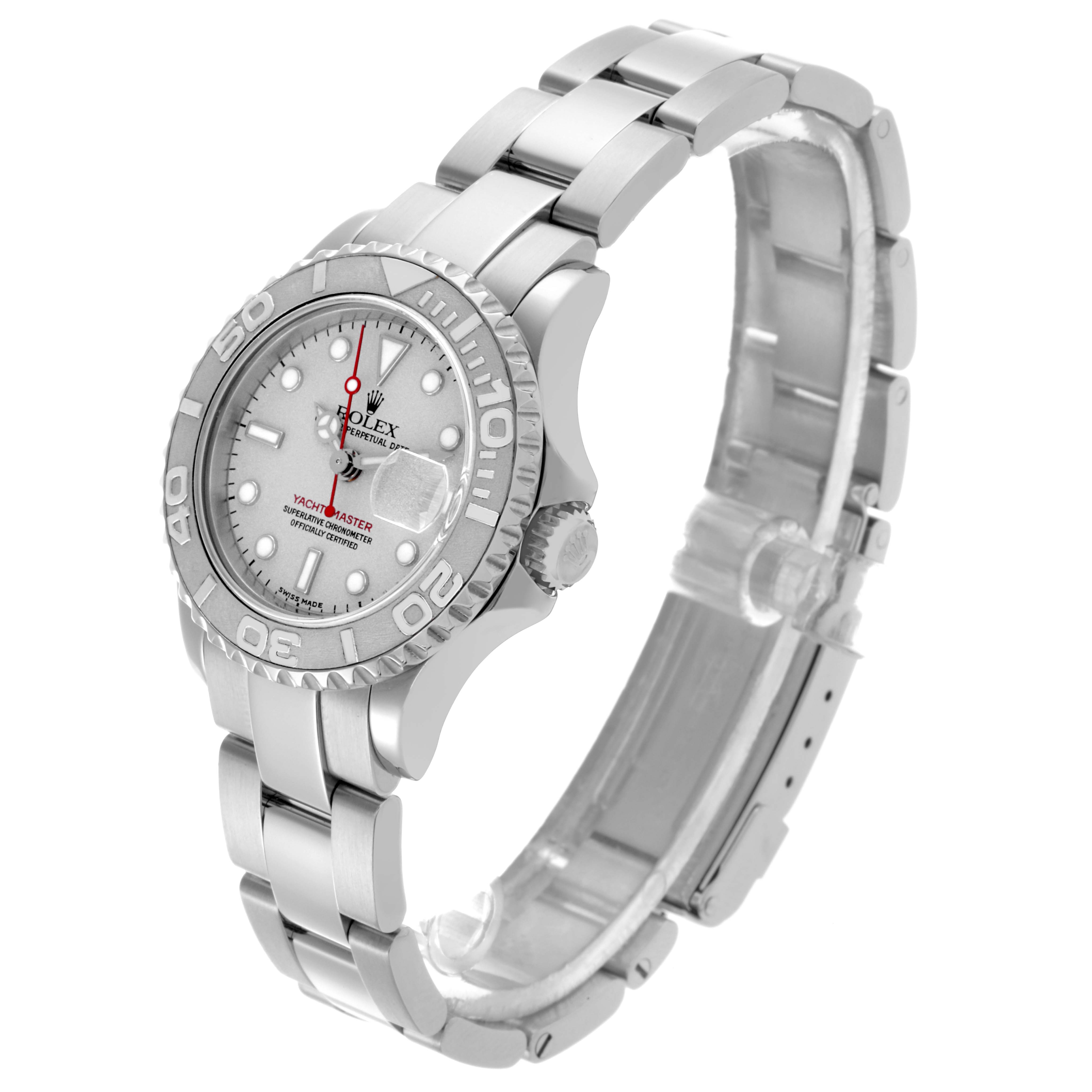 The Rolex Yacht-Master 169622 Women's Stainless Steel Grey Dial 169622 Women's Stainless Steel Grey Dial watch is shown at a slight angle, highlighting the face, bezel, crown, and bracelet.