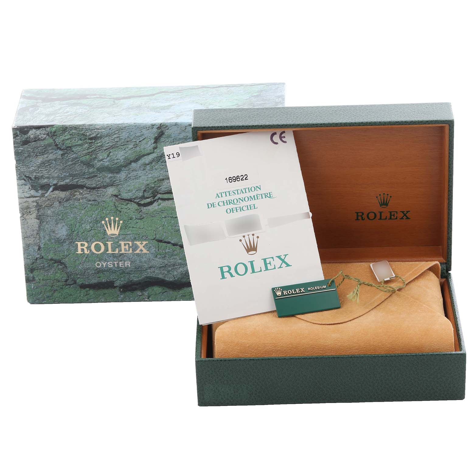 The image shows the packaging and accessories for a Rolex Yacht-Master 169622 Women's Stainless Steel Grey Dial 169622 Women's Stainless Steel Grey Dial, including a box, certificate, and tags.