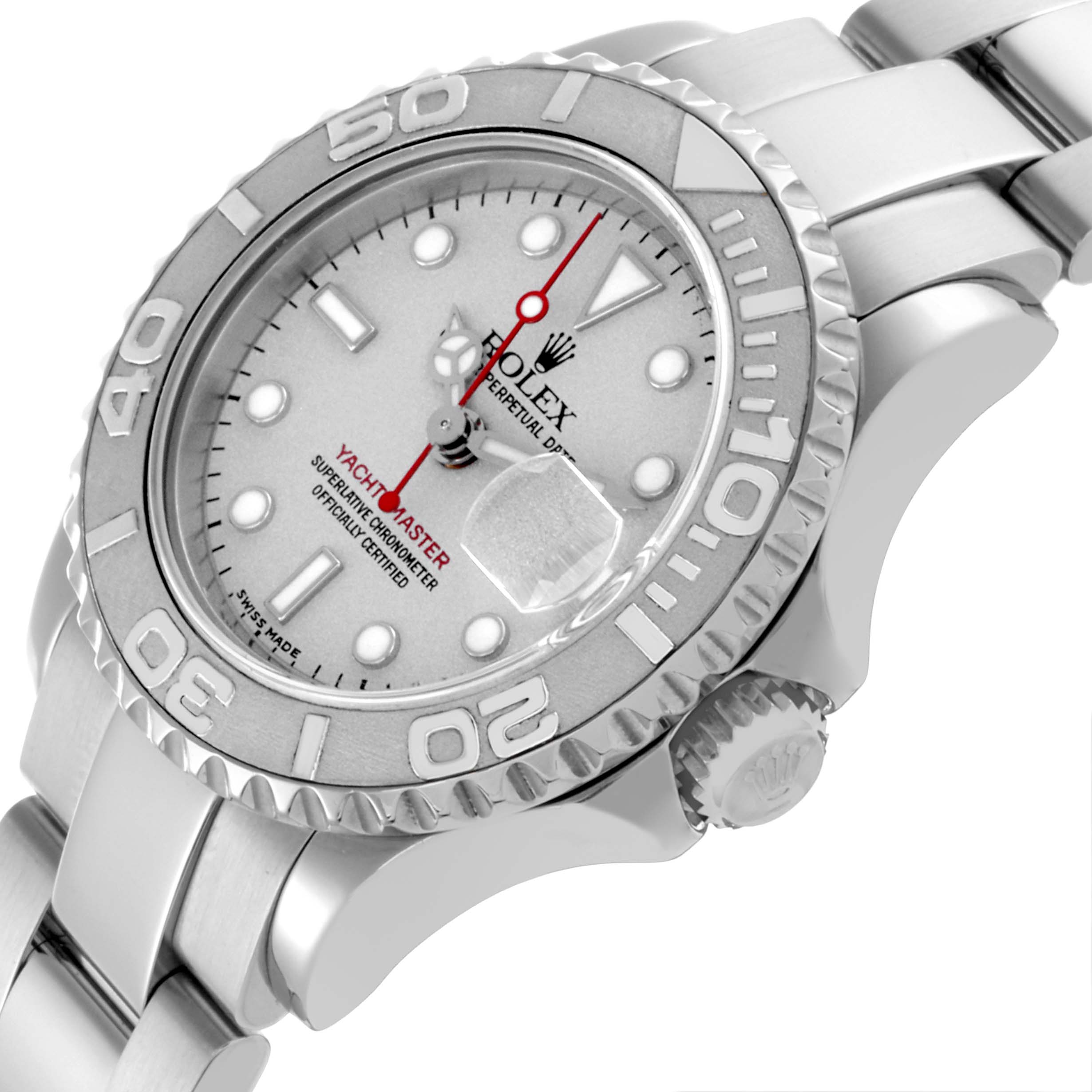 The Rolex Yacht-Master 169622 Women's Stainless Steel Grey Dial 169622 Women's Stainless Steel Grey Dial watch is shown from a side angle, highlighting the bezel, crown, dial, and part of the bracelet.