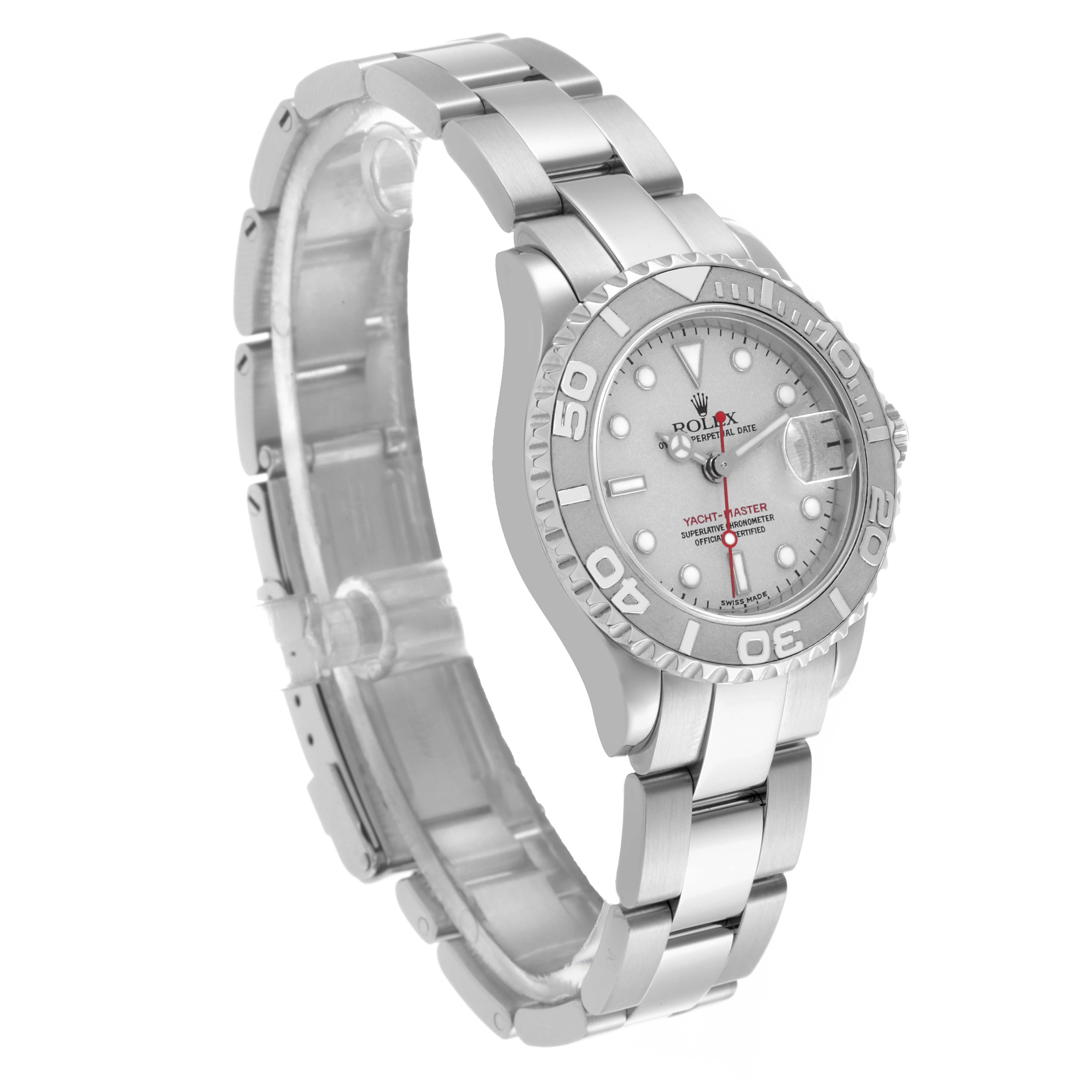 The Rolex Yacht-Master 169622 Women's Stainless Steel Grey Dial 169622 Women's Stainless Steel Grey Dial watch is shown from a three-quarter angle, displaying the face, bezel, and bracelet.