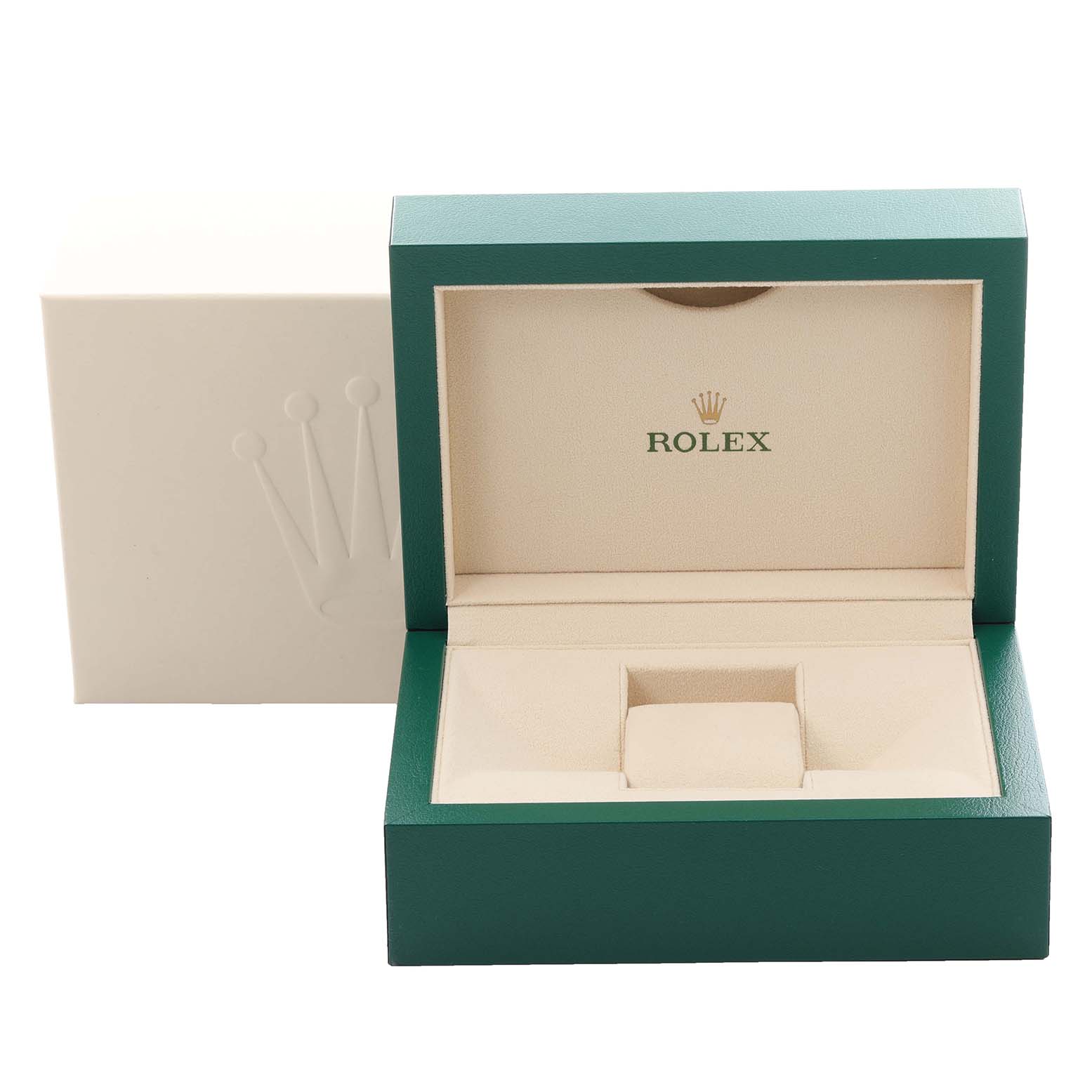 The image shows an open Rolex box for the Yacht-Master model, featuring a cream interior and green exterior.