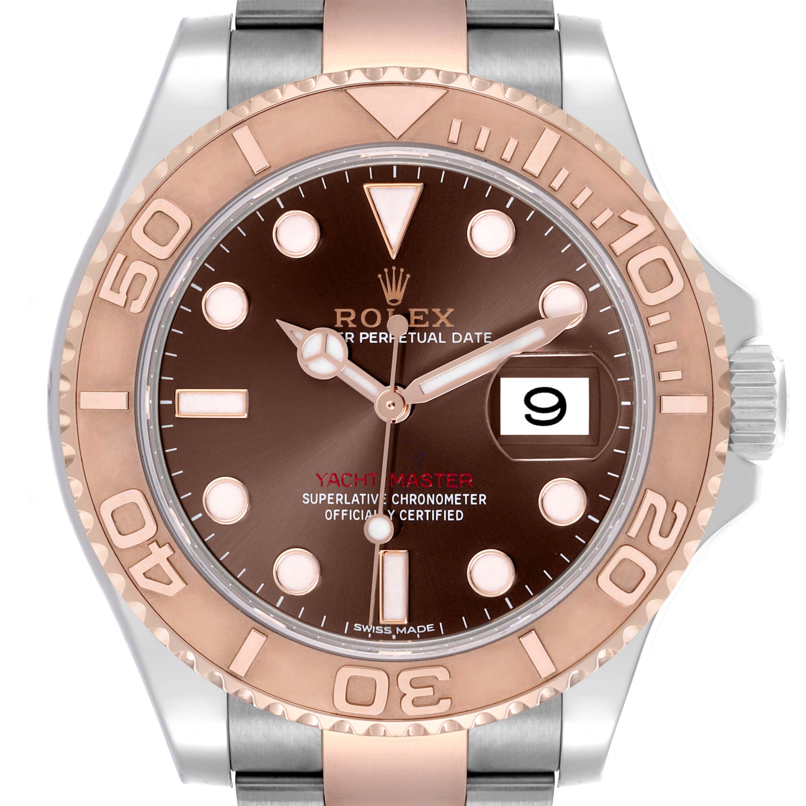 The Rolex Yacht-Master 116621 Men's Steel and Gold (two tone) Brown Dial 116621 Men's Steel and Gold (two tone) Brown Dial watch is shown from the front, highlighting its bezel, dial, hands, and date display.