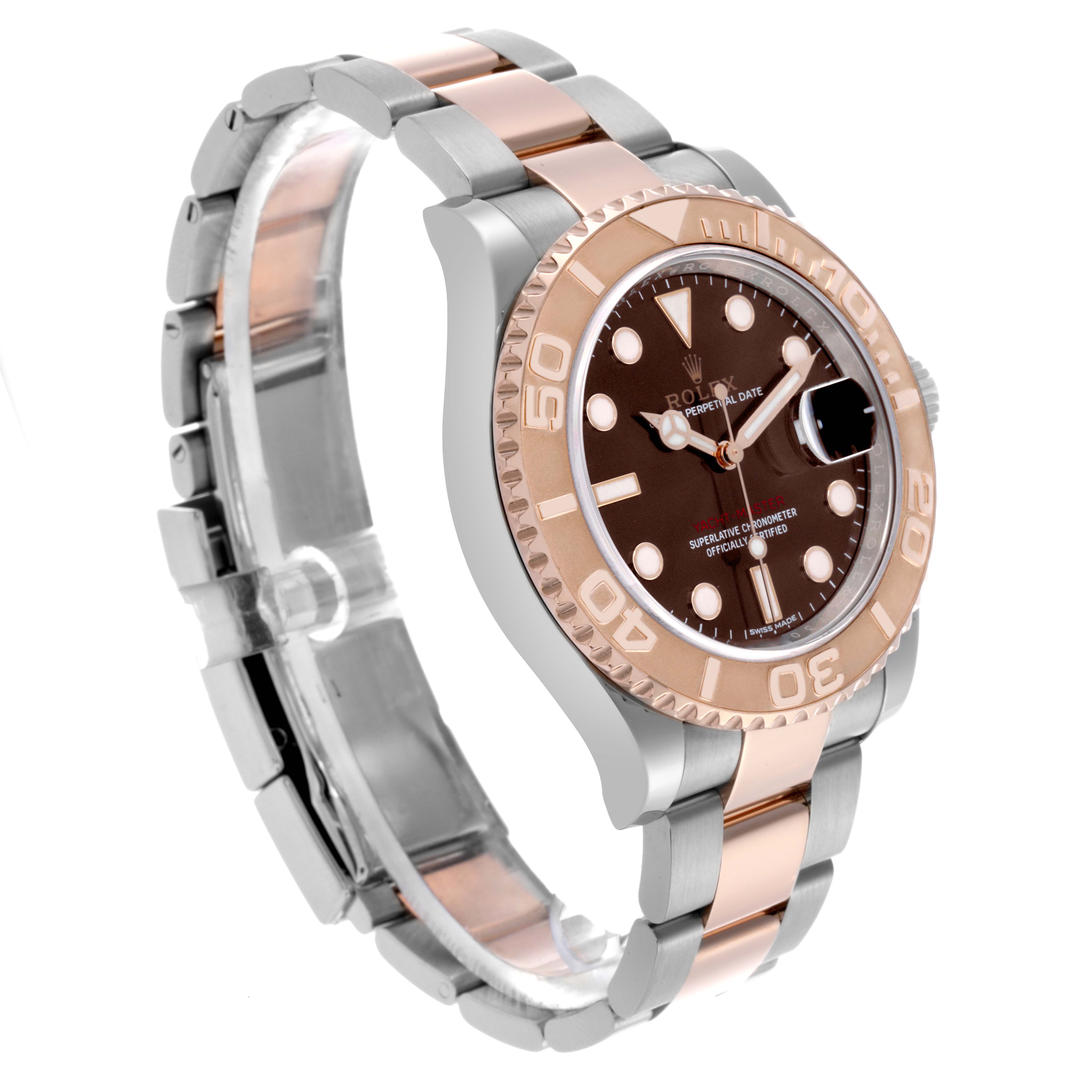 The Rolex Yacht-Master 116621 Men's Steel and Gold (two tone) Brown Dial 116621 Men's Steel and Gold (two tone) Brown Dial watch is shown at a three-quarter angle, highlighting the dial, bezel, and bracelet.