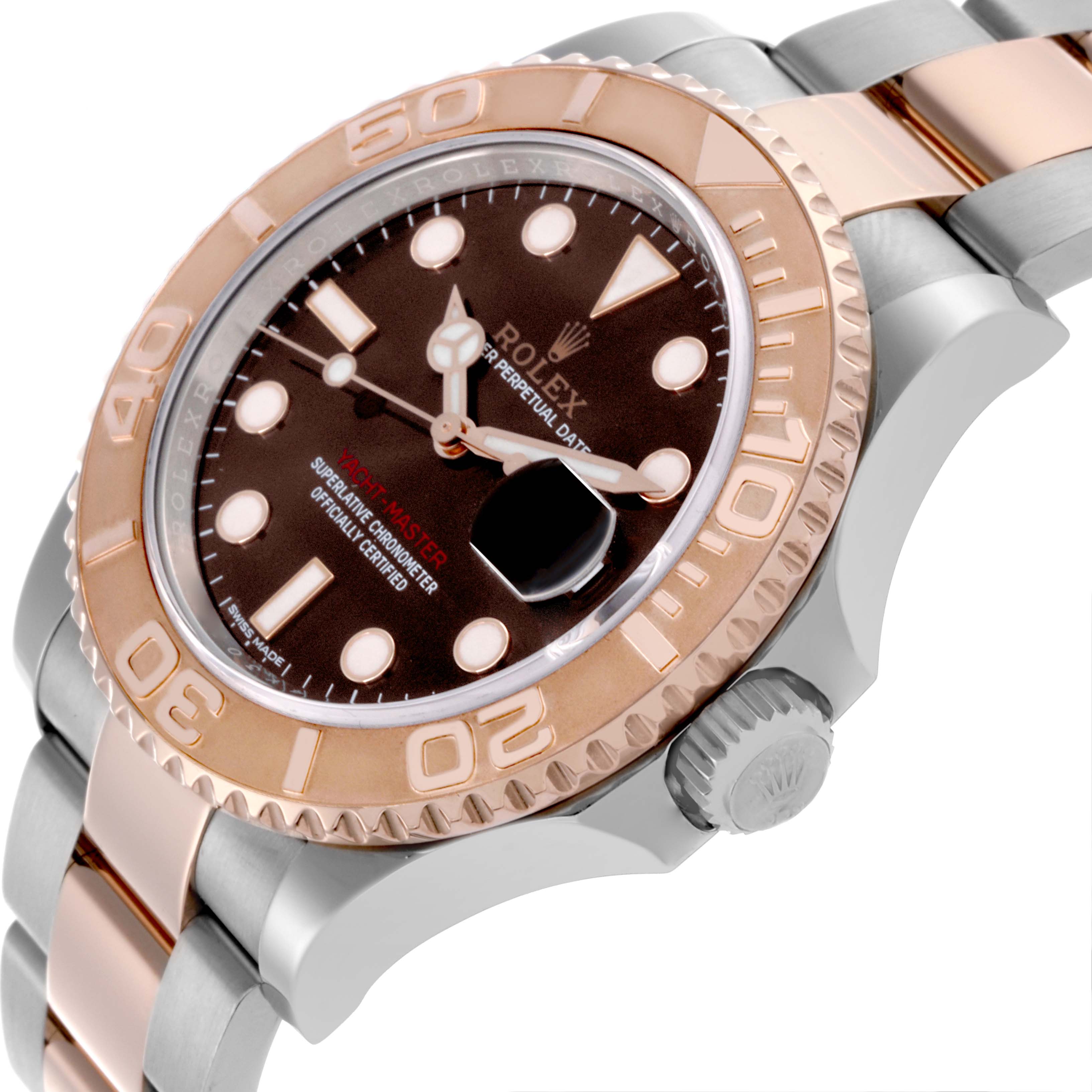 The Rolex Yacht-Master 116621 Men's Steel and Gold (two tone) Brown Dial 116621 Men's Steel and Gold (two tone) Brown Dial watch is shown at an angled view, highlighting the dial, bezel, crown, and part of the bracelet.