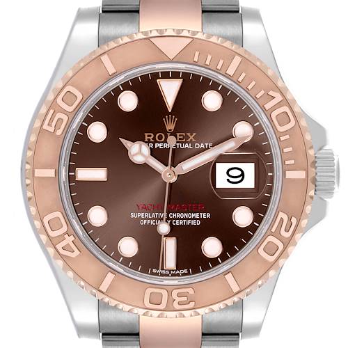 The Rolex Yacht-Master watch is shown from the front, highlighting its bezel, dial, and bracelet.