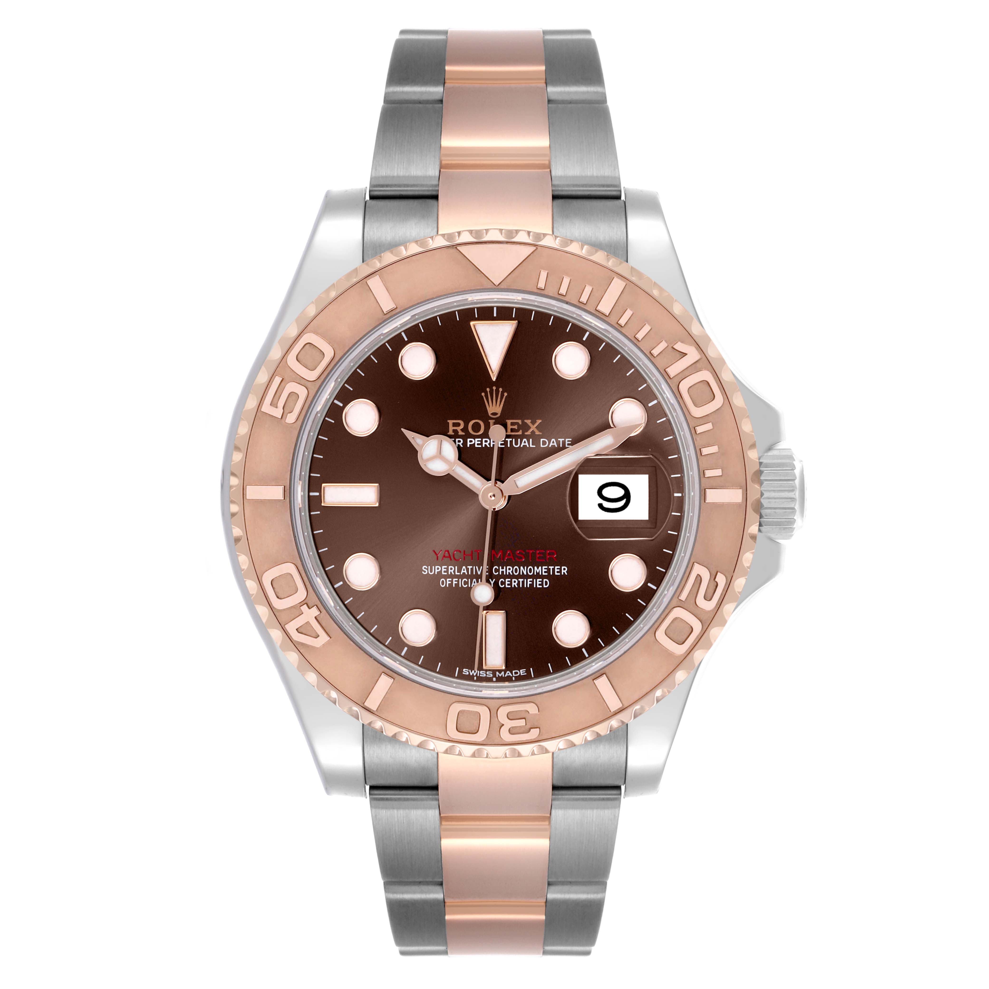 The Rolex Yacht-Master 116621 Men's Steel and Gold (two tone) Brown Dial 116621 Men's Steel and Gold (two tone) Brown Dial is shown from a front angle, displaying the dial, bezel, and bracelet clearly.