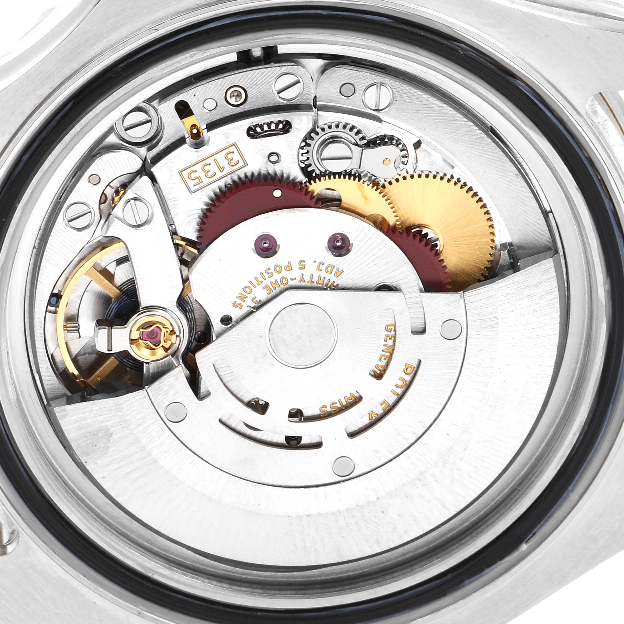 This image shows the intricate inner mechanics and movement of a Rolex Yacht-Master 16623 Men
s Steel and Gold (two tone) Mother of Pearl Dial 16623 Men
s Steel and Gold (two tone) Mother of Pearl Dial watch from a close-up angle.