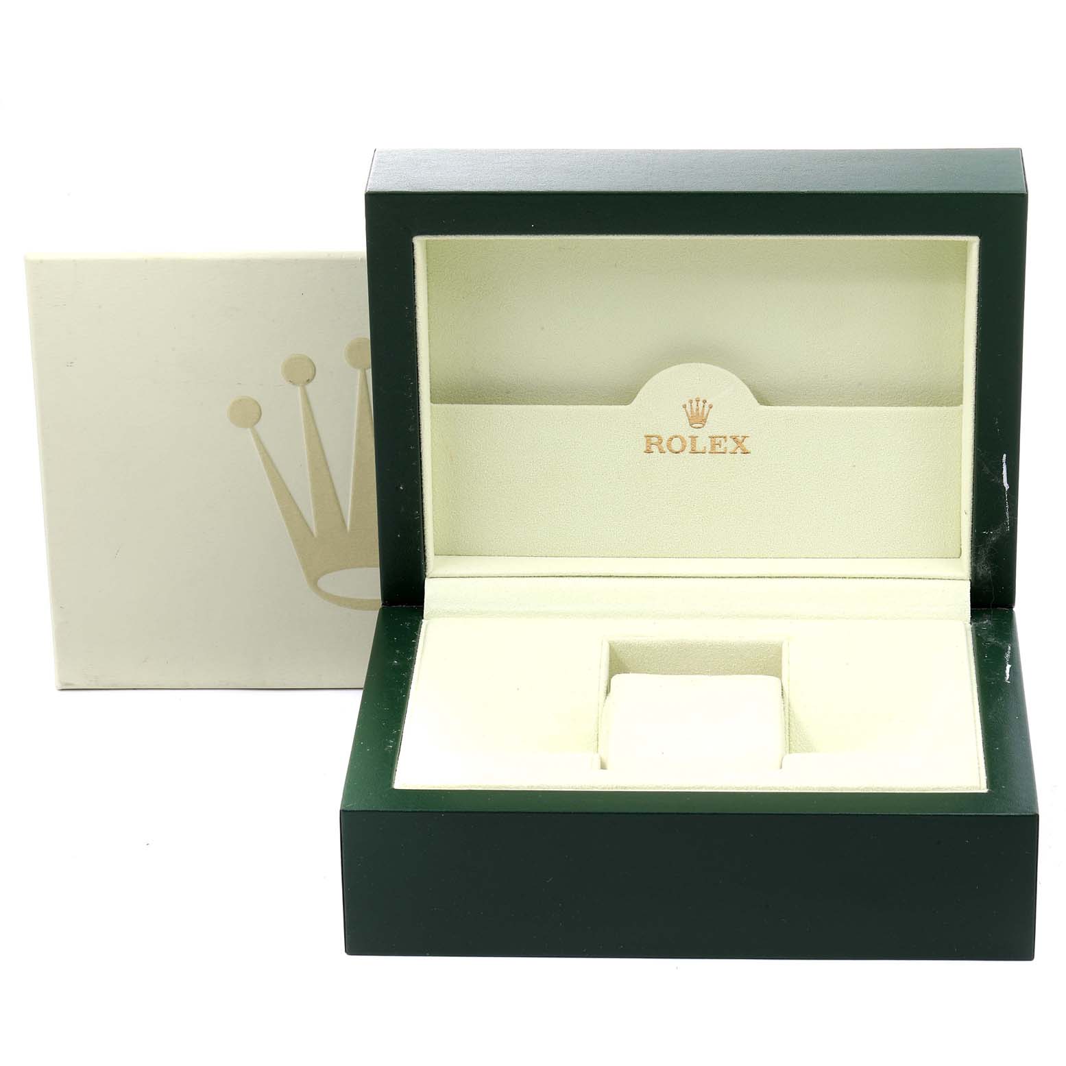 The image shows an open Rolex box for the Yacht-Master model, displaying the interior cushion and branding.
