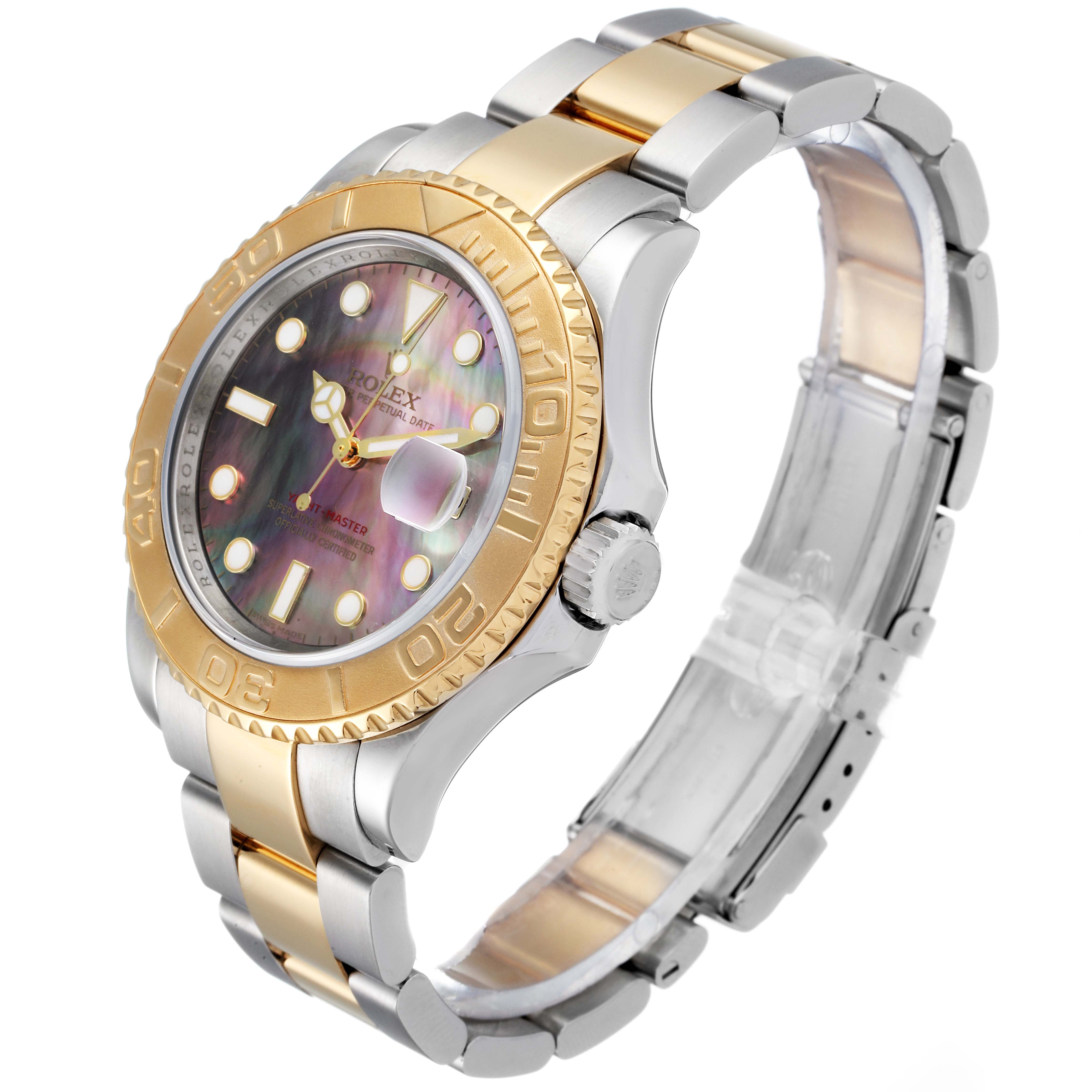 This image shows a three-quarter angle of the Rolex Yacht-Master 16623 Men
s Steel and Gold (two tone) Mother of Pearl Dial 16623 Men
s Steel and Gold (two tone) Mother of Pearl Dial watch, highlighting its dial, bezel, and bracelet, which features a two-tone design.