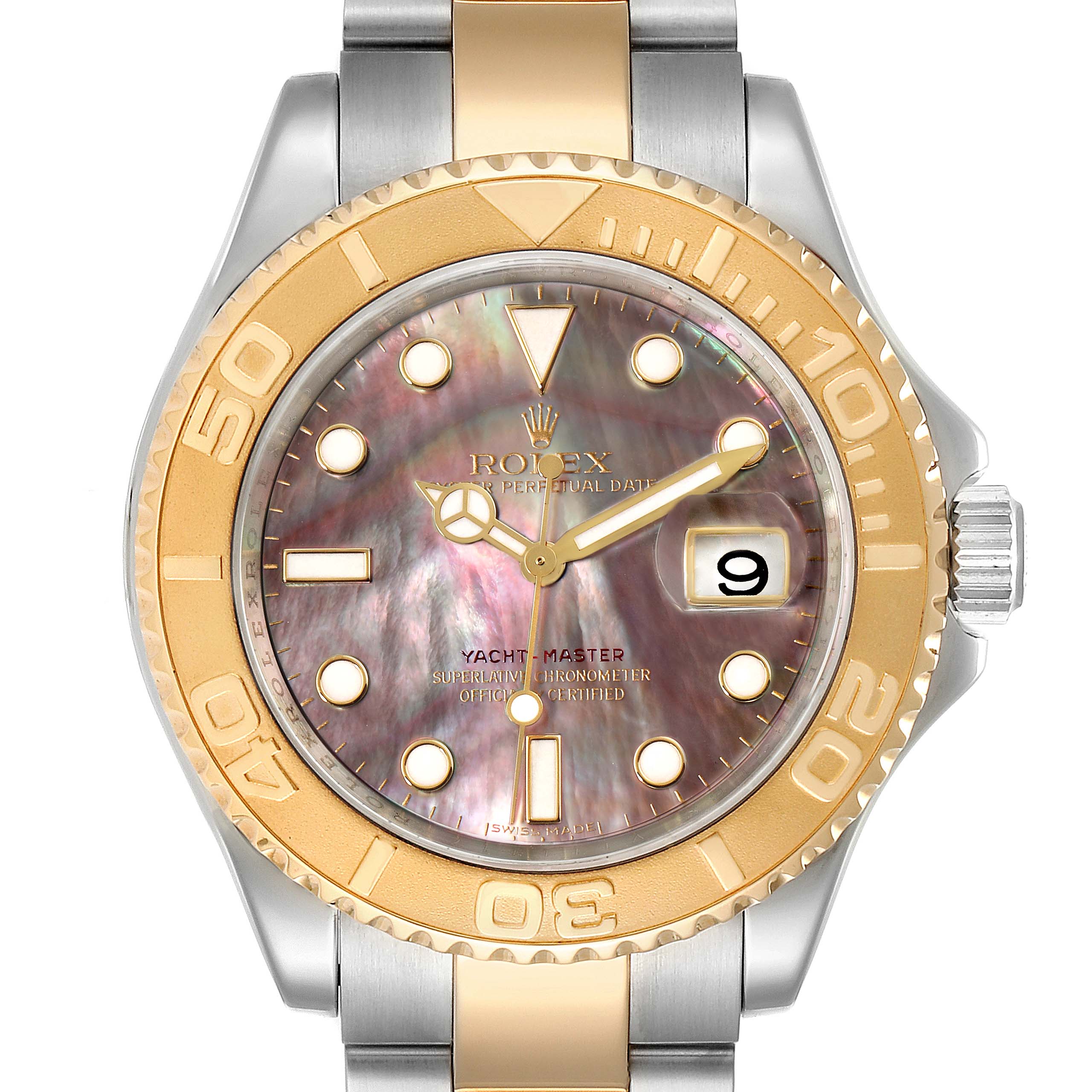 This Rolex Yacht-Master 16623 Men
s Steel and Gold (two tone) Mother of Pearl Dial 16623 Men
s Steel and Gold (two tone) Mother of Pearl Dial watch is shown from the front, highlighting the dial, bezel, and part of the bracelet.