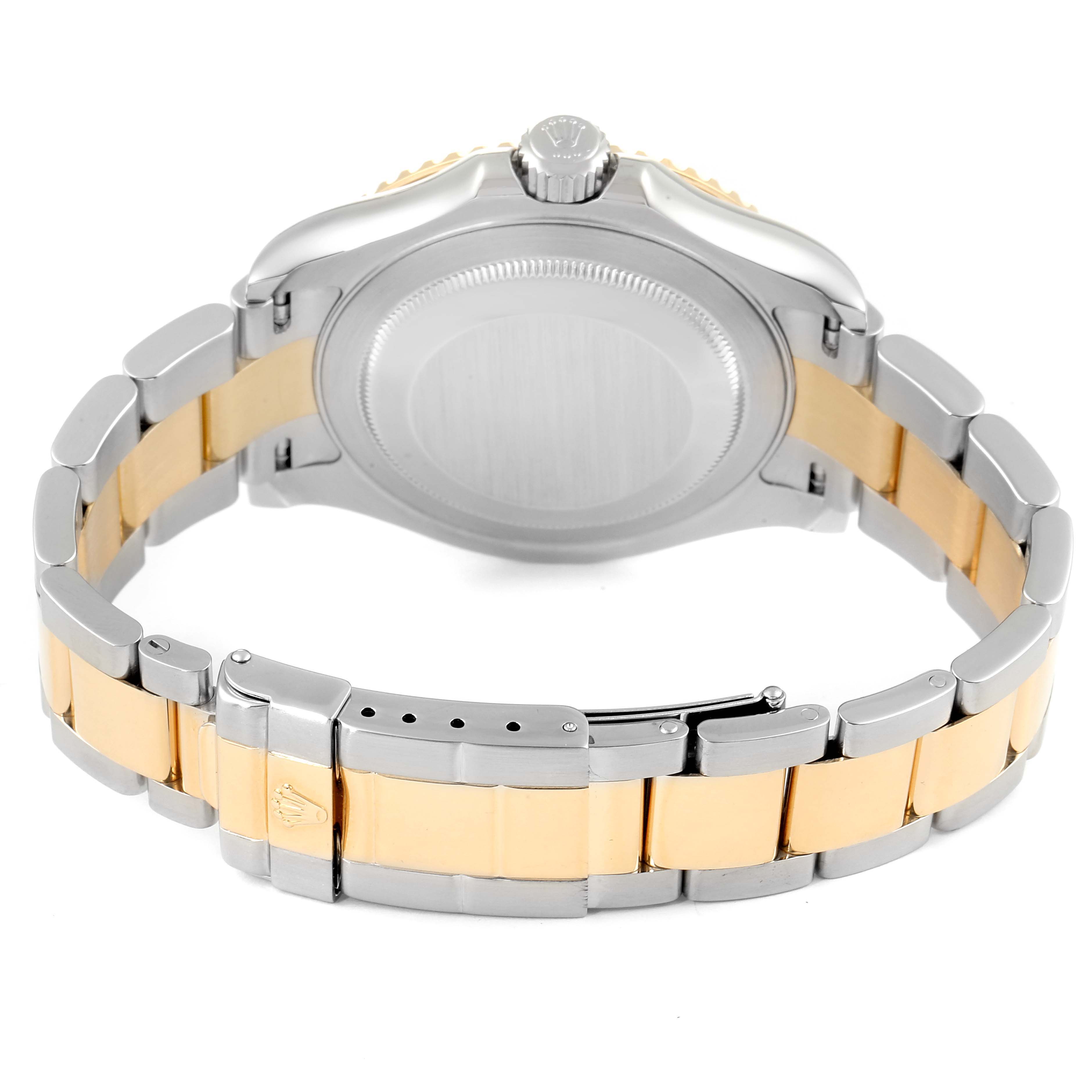 The image shows the back of a Rolex Yacht-Master 16623 Men
s Steel and Gold (two tone) Mother of Pearl Dial 16623 Men
s Steel and Gold (two tone) Mother of Pearl Dial watch, highlighting the case back and two-tone bracelet.