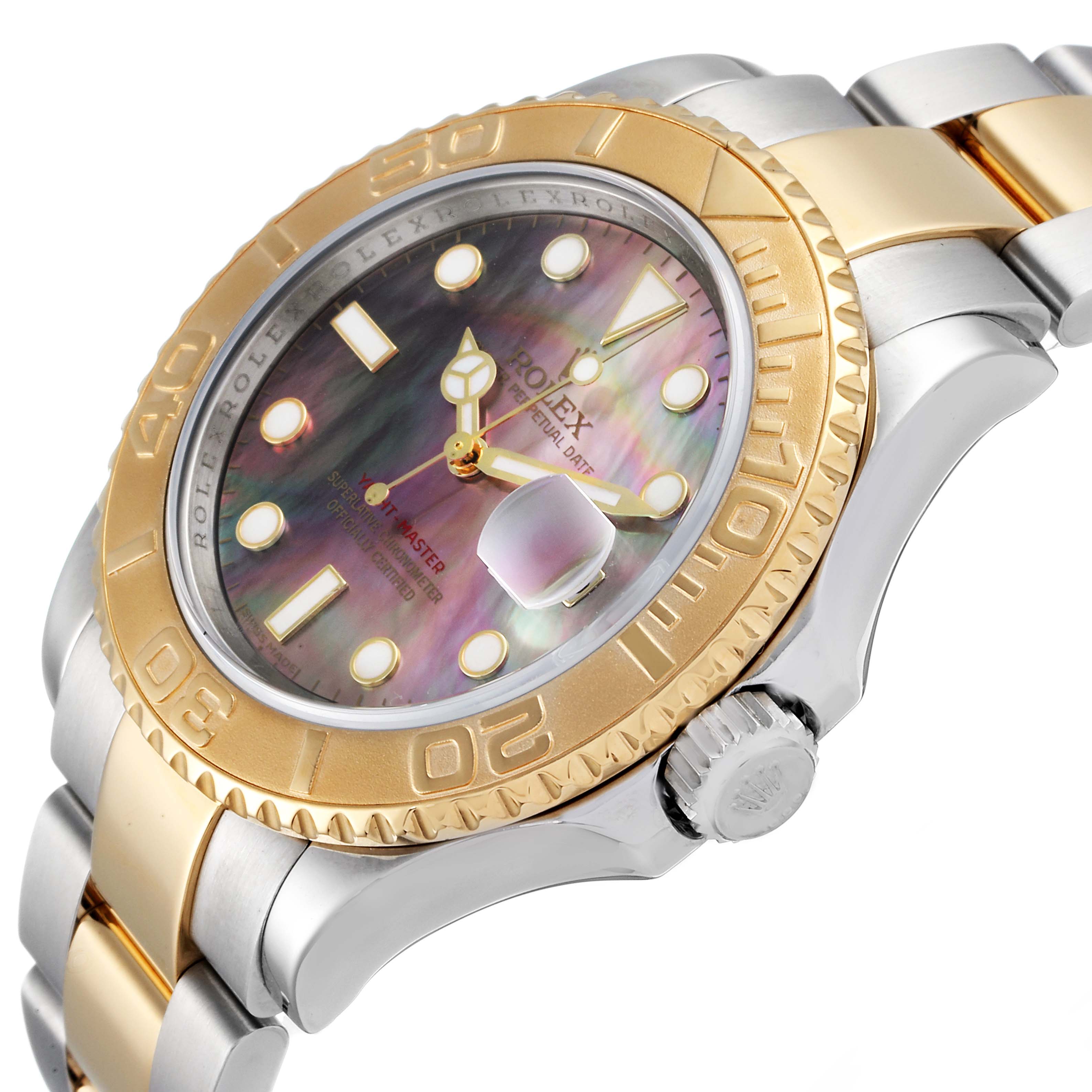 The Rolex Yacht-Master 16623 Men
s Steel and Gold (two tone) Mother of Pearl Dial 16623 Men
s Steel and Gold (two tone) Mother of Pearl Dial watch is shown at a slight angle, highlighting its gold bezel, crown, and mother-of-pearl dial.
