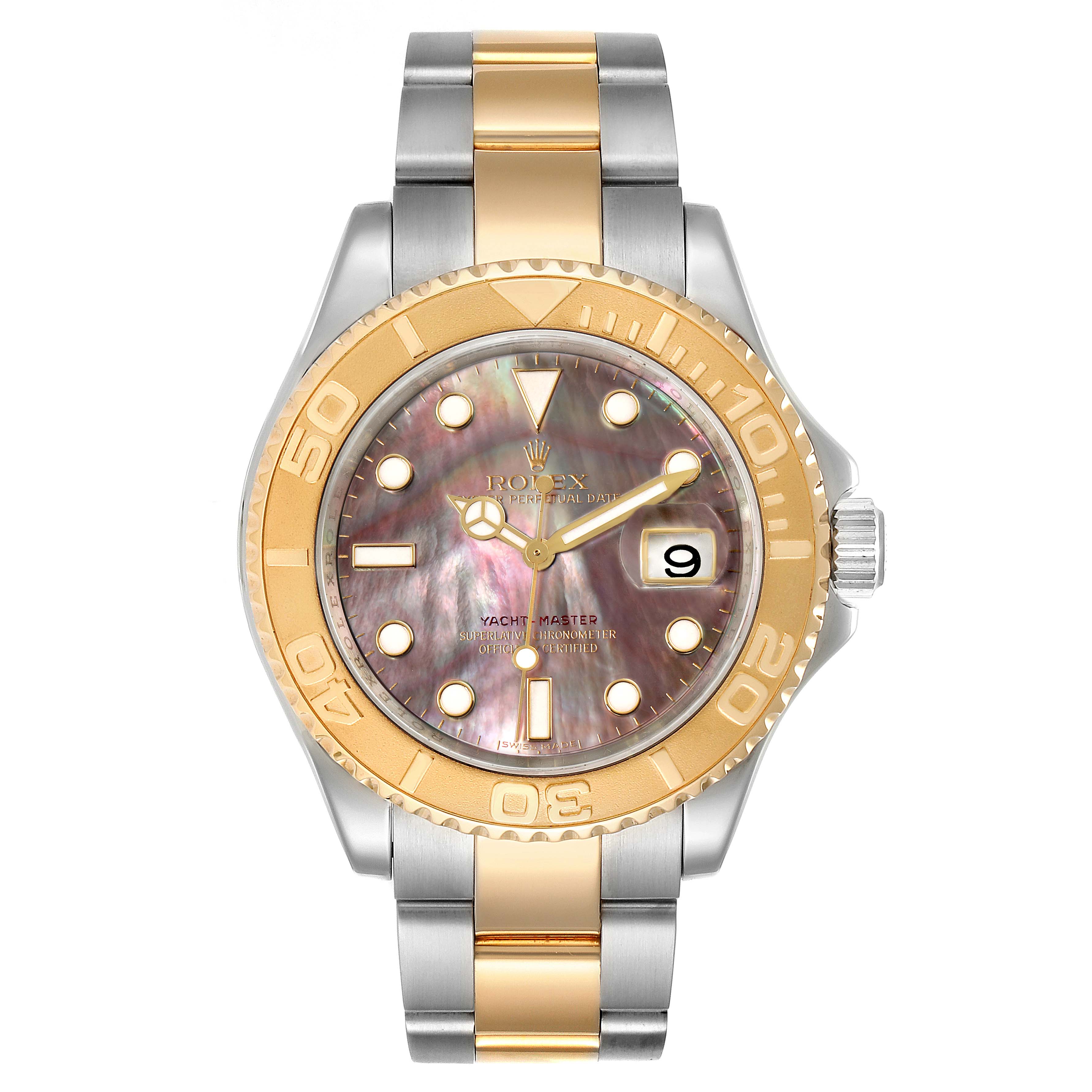 The image shows a front view of a Rolex Yacht-Master 16623 Men
s Steel and Gold (two tone) Mother of Pearl Dial 16623 Men
s Steel and Gold (two tone) Mother of Pearl Dial watch highlighting its face, bezel, crown, and two-tone bracelet.