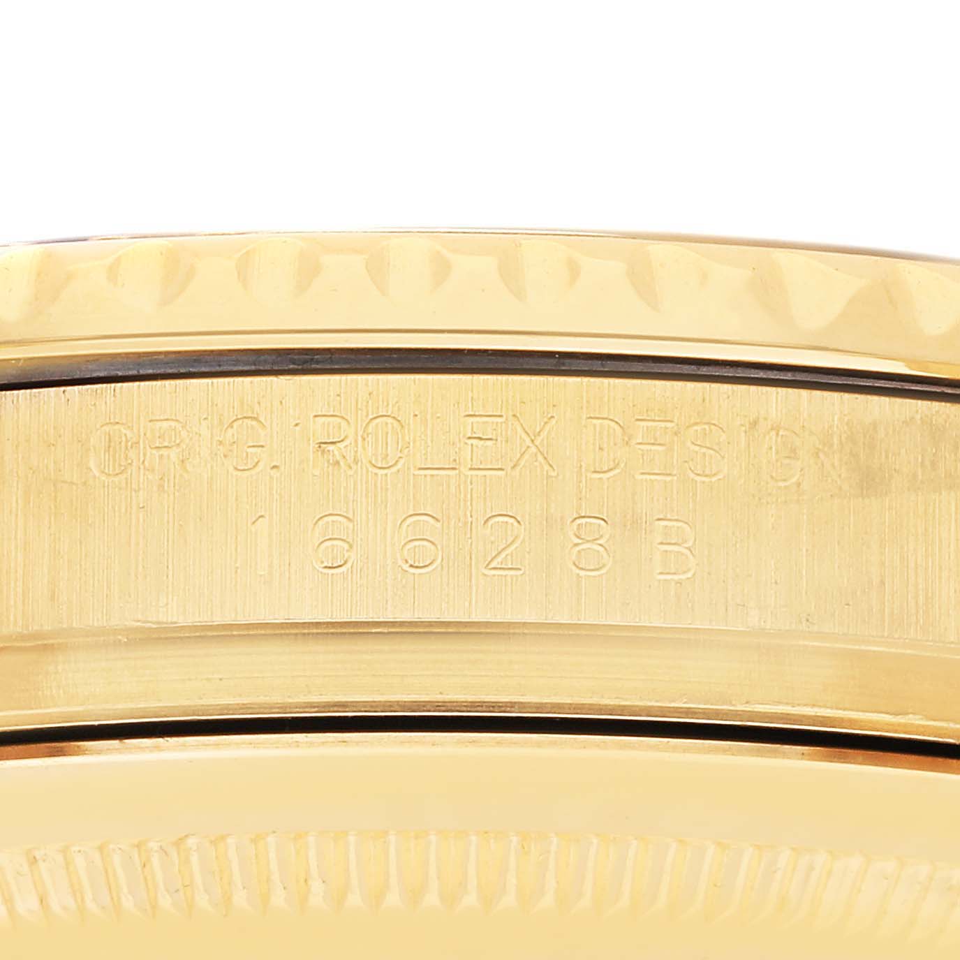 The image shows a side view of the Rolex Yacht-Master 16628 Men's Yellow Gold Mother of Pearl Dial 16628 Men's Yellow Gold Mother of Pearl Dial watch, focusing on the engraved case side with model details.