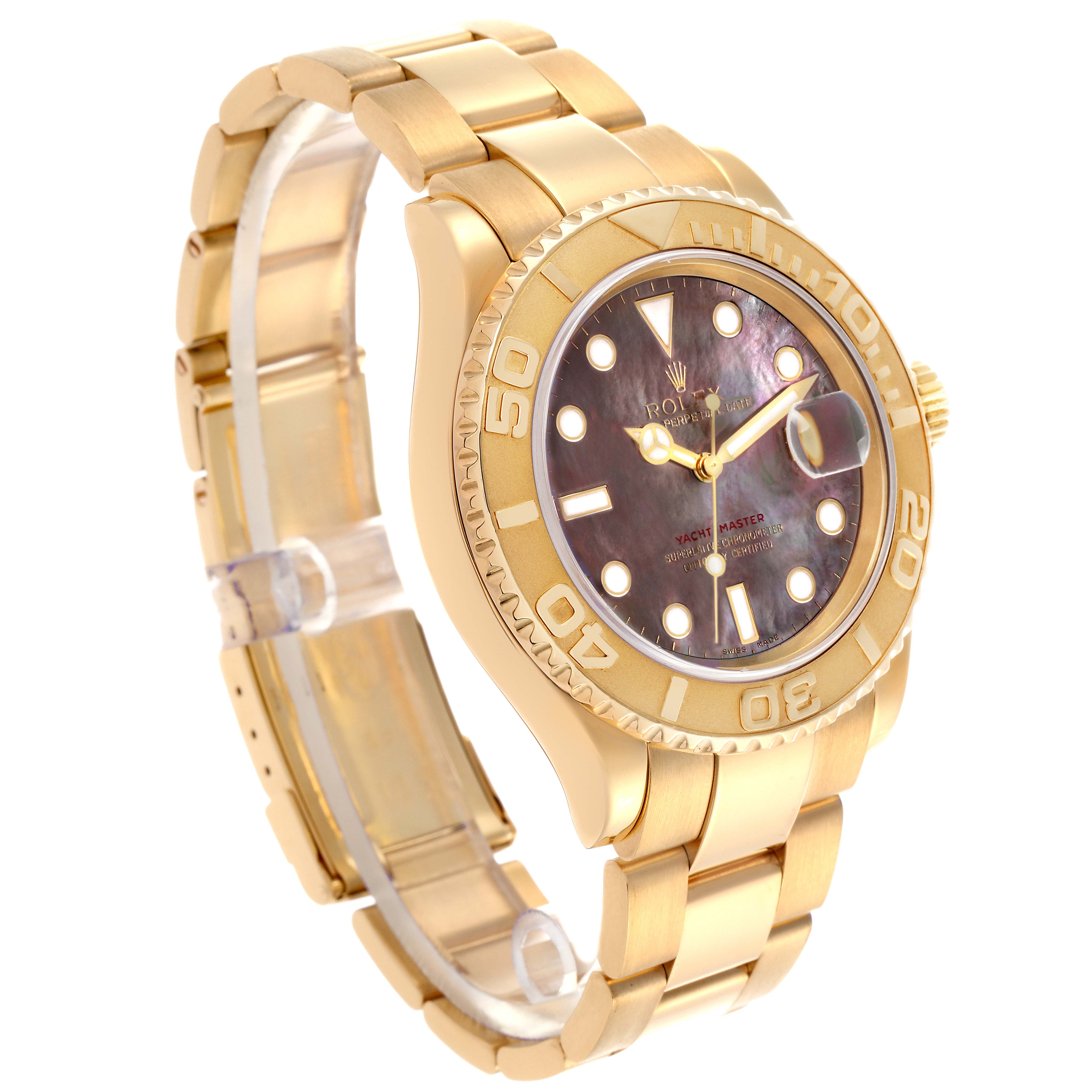 The Rolex Yacht-Master 16628 Men's Yellow Gold Mother of Pearl Dial 16628 Men's Yellow Gold Mother of Pearl Dial watch is shown at a three-quarter angle, displaying the case, bezel, dial, and bracelet.