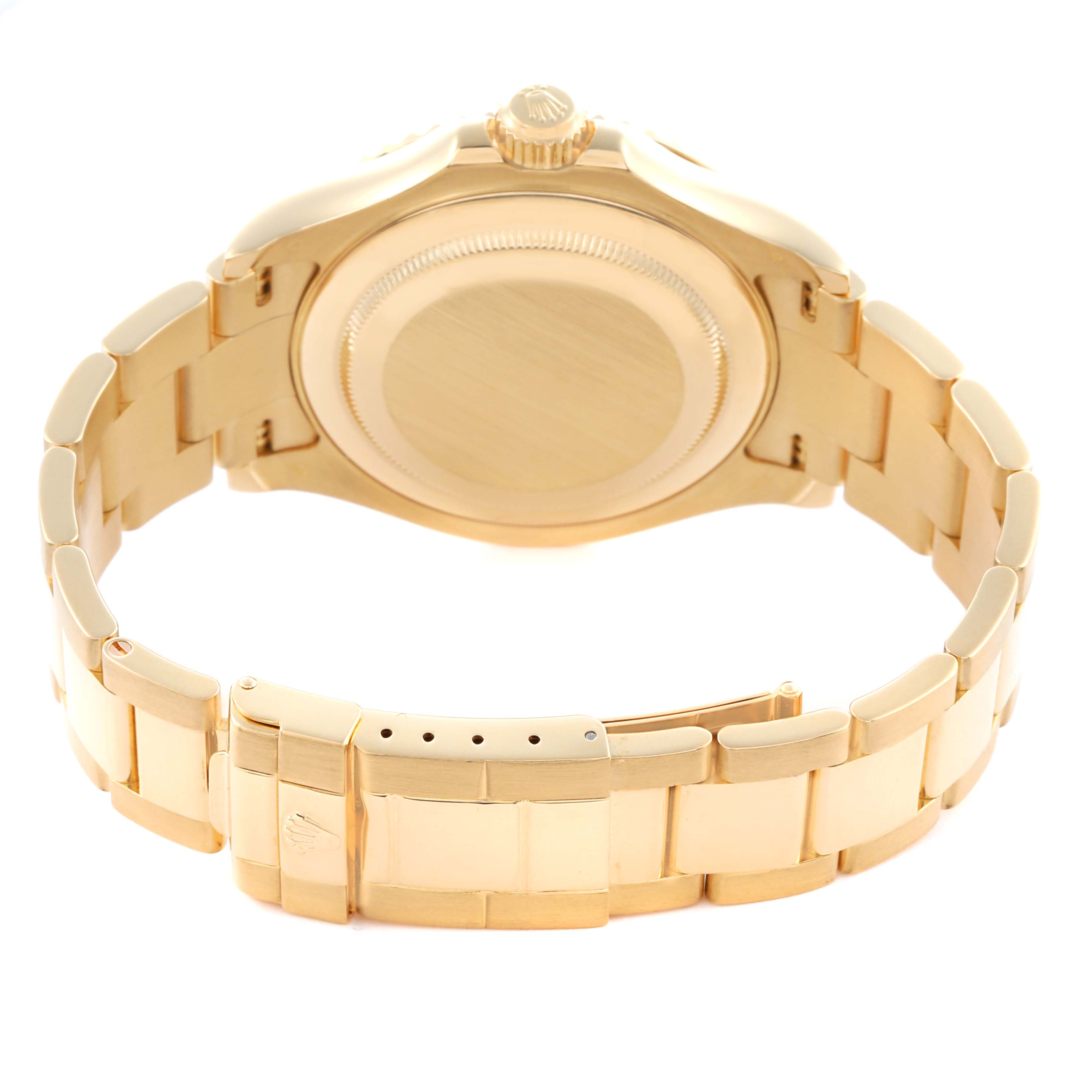 The image shows the back view of a Rolex Yacht-Master 16628 Men's Yellow Gold Mother of Pearl Dial 16628 Men's Yellow Gold Mother of Pearl Dial watch, highlighting the case back and bracelet clasp.