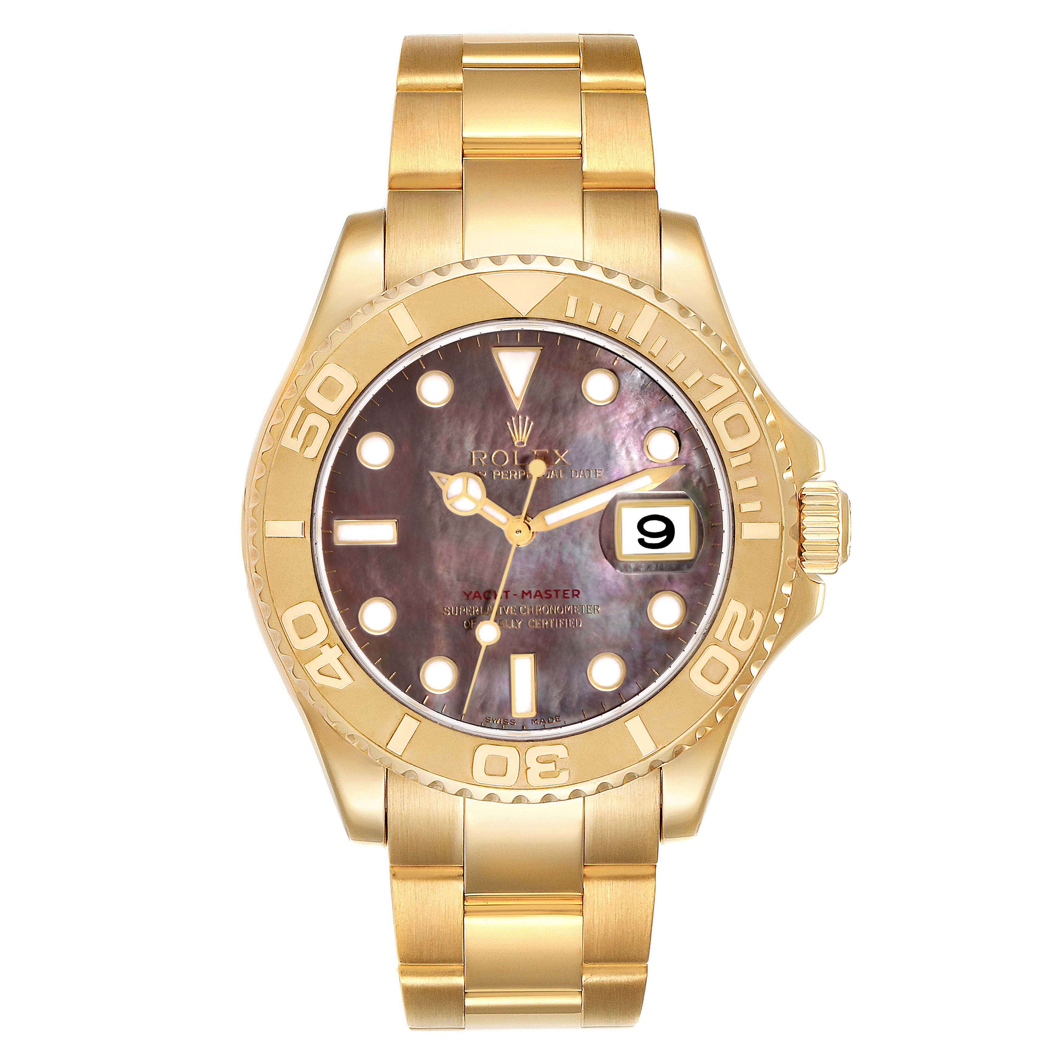 The Rolex Yacht-Master 16628 Men's Yellow Gold Mother of Pearl Dial 16628 Men's Yellow Gold Mother of Pearl Dial watch is shown from the front, highlighting its gold bezel, dial, and bracelet.