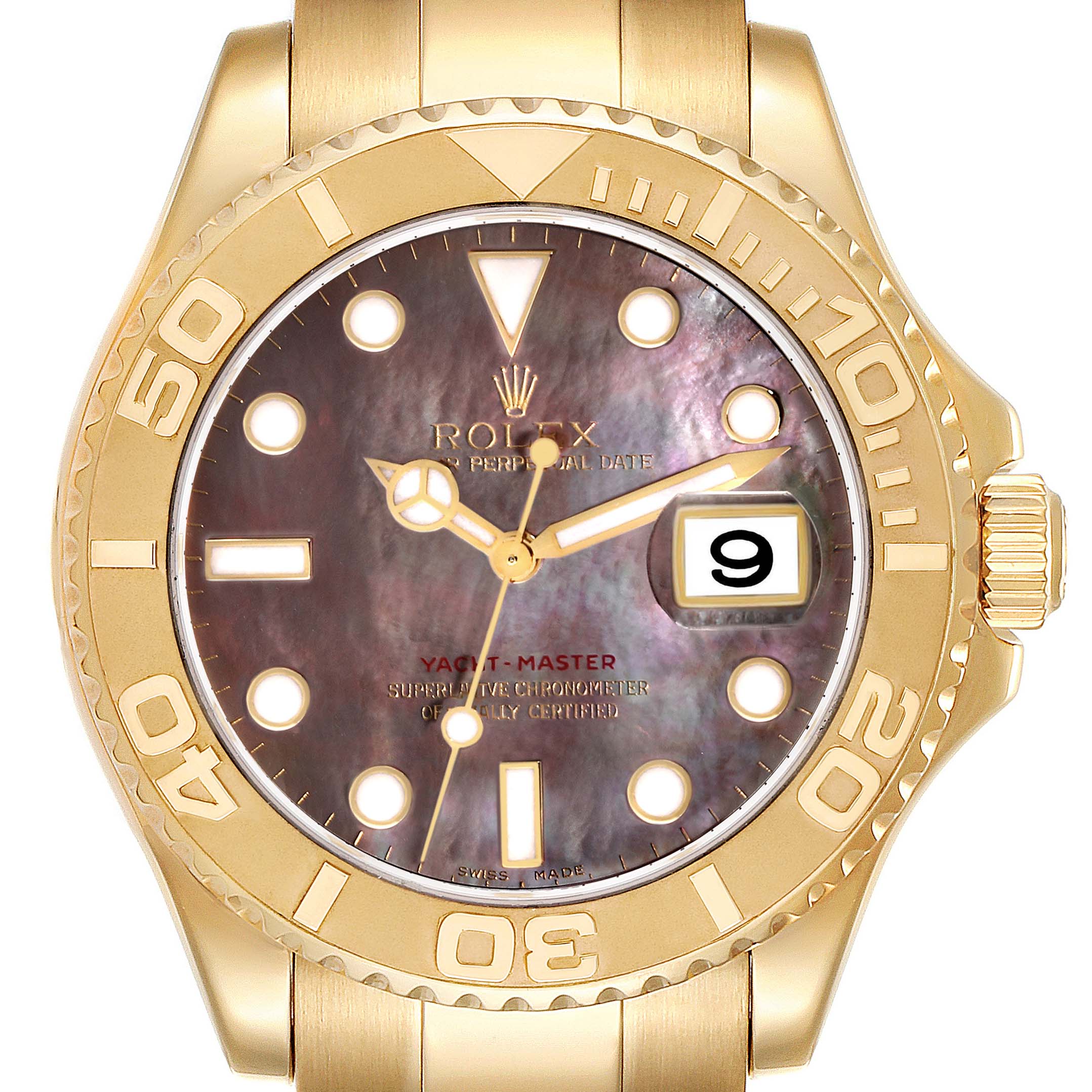 The Rolex Yacht-Master 16628 Men's Yellow Gold Mother of Pearl Dial 16628 Men's Yellow Gold Mother of Pearl Dial watch is shown from a front angle, highlighting the dial, bezel, and bracelet.