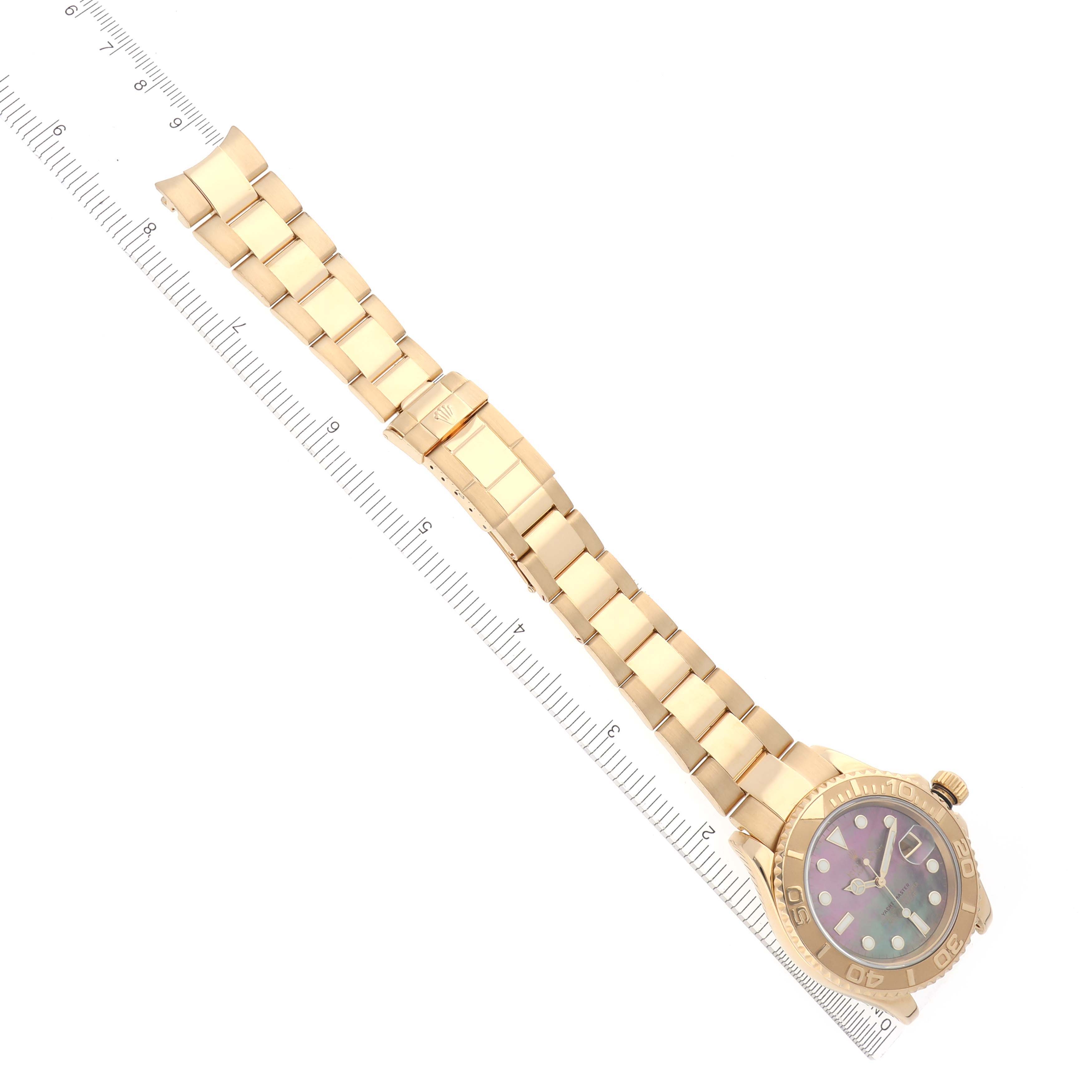 The Rolex Yacht-Master 16628 Men's Yellow Gold Mother of Pearl Dial 16628 Men's Yellow Gold Mother of Pearl Dial watch is shown from above, displaying its full bracelet and dial.